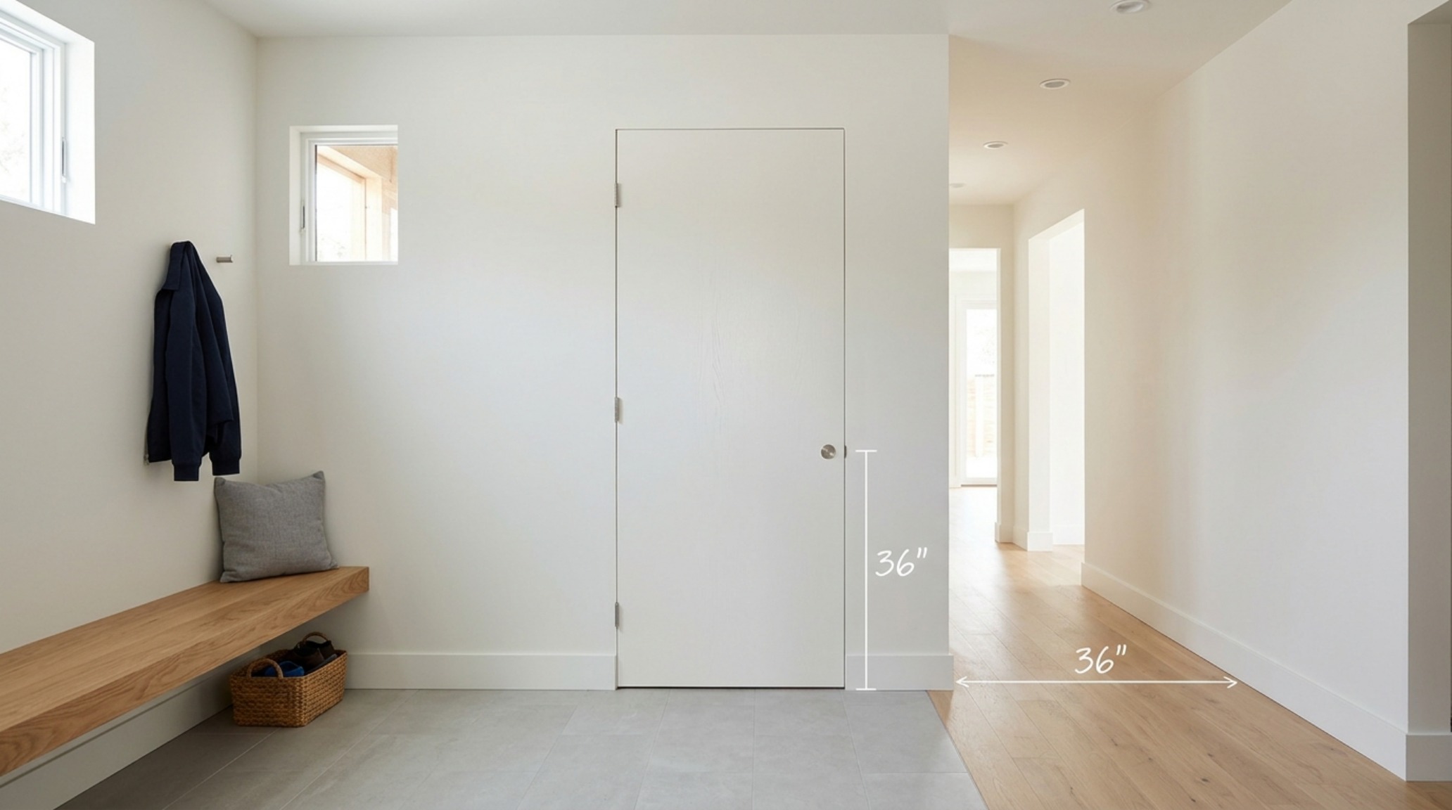 A well-lit mudroom-to-pantry transition area with a secret Costco door entrance, emphasizing the 36-inch architectural clearances and spatial flow.