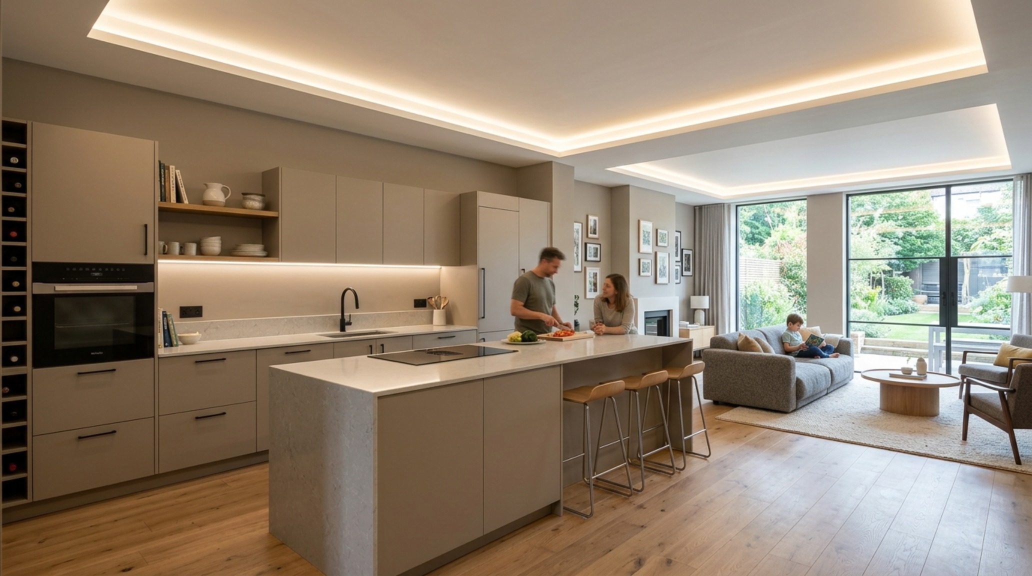 A kitchen-living hybrid space utilizing flat paint decor ideas lighting guide with 2700K ambient glow and recessed channels to create an atmospheric, glare-free environment.