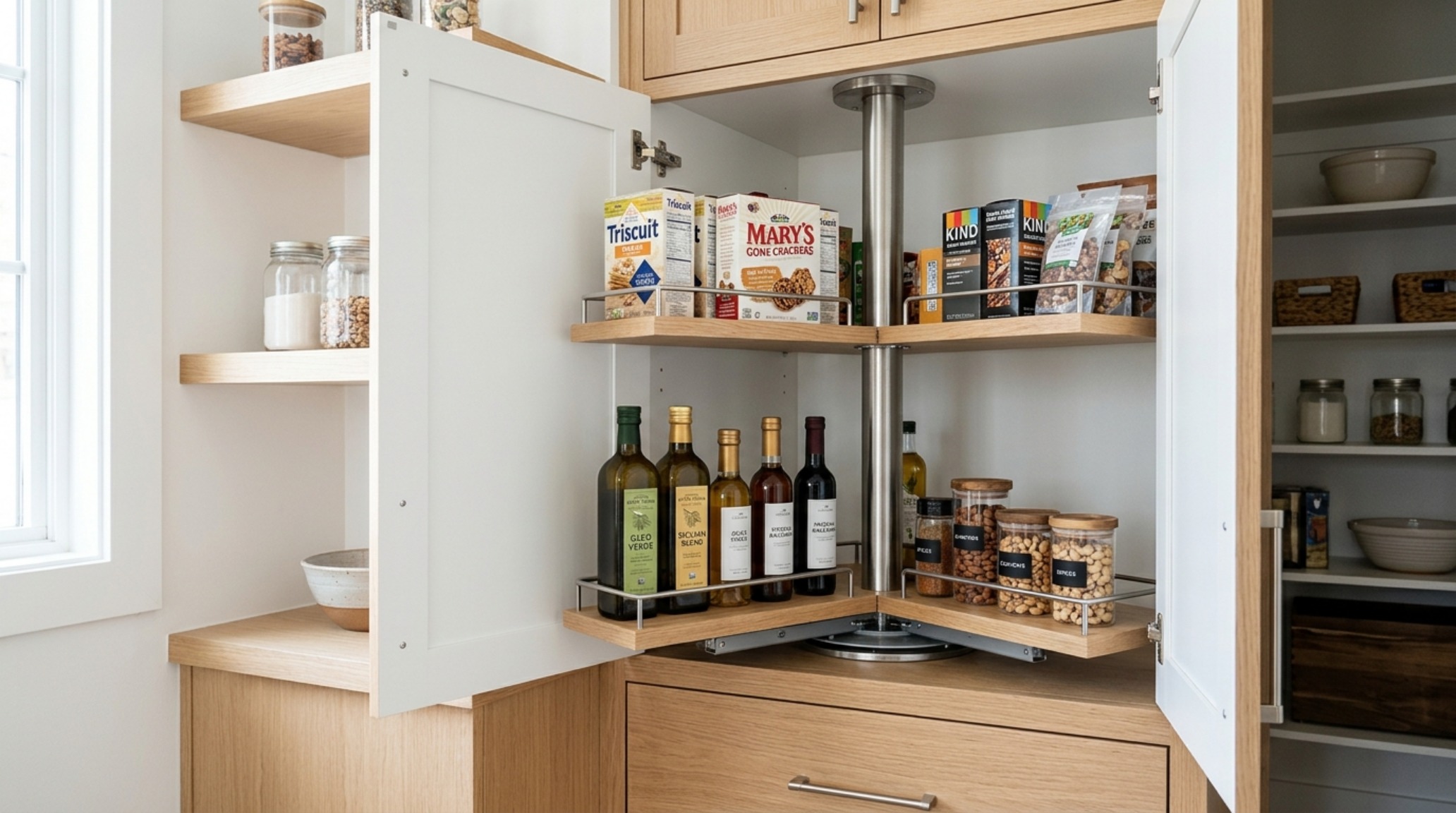 Corner shelving solutions in a small pantry using rotating lazy susans and tiered risers for maximum space-saving efficiency.