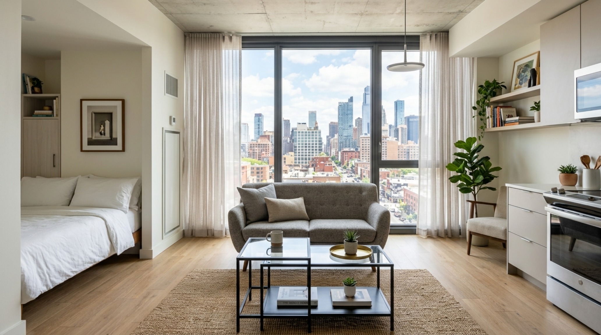 Modern apartment interior showing the visual transparency of the ikea vittsjoe side table for small decor ideas against limewash walls.