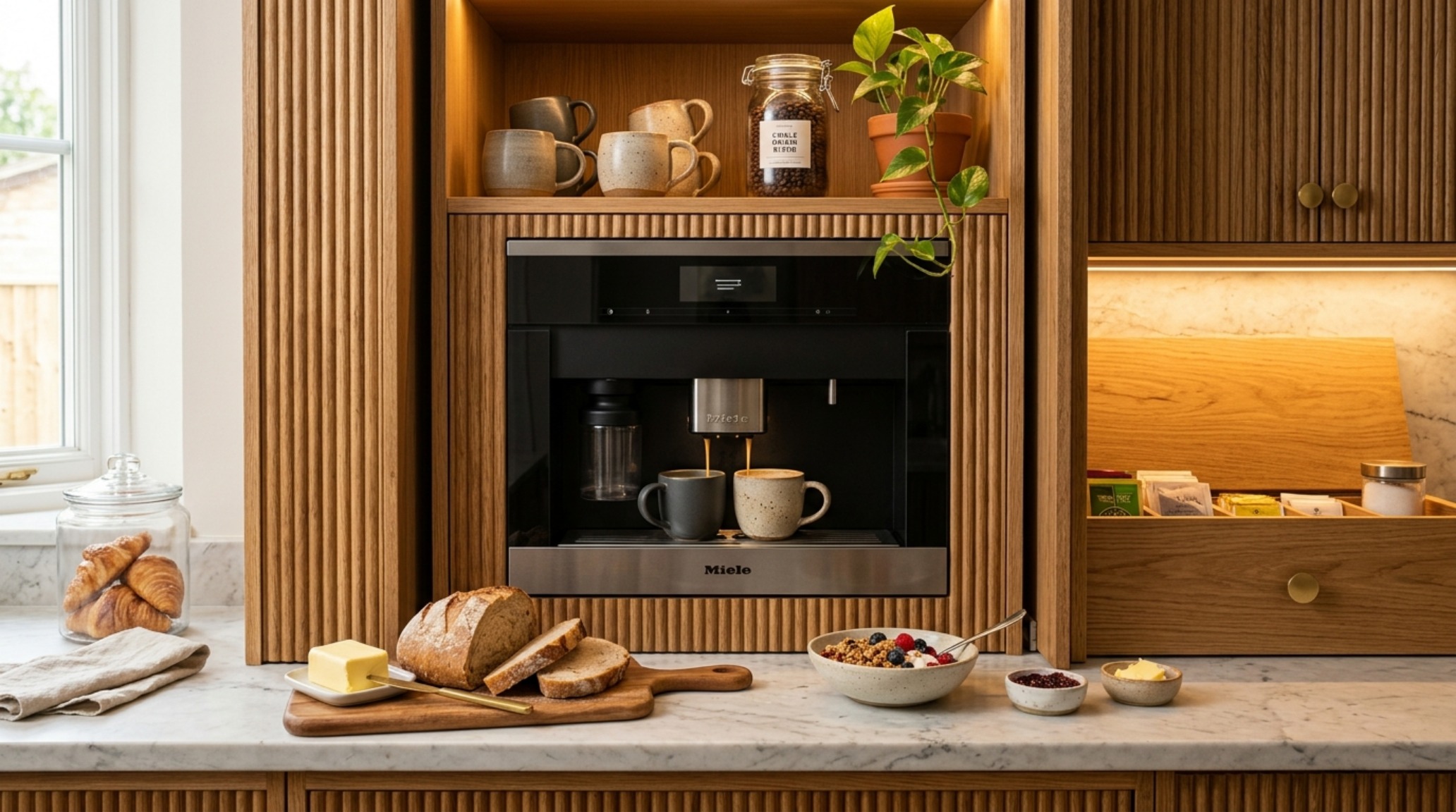 Integrated coffee station within a pantry setting featuring 3000K lighting and custom millwork for small space small pantry organization ideas. Integrated coffee station within a pantry setting featuring 3000K lighting and custom millwork for small space small pantry organization ideas.