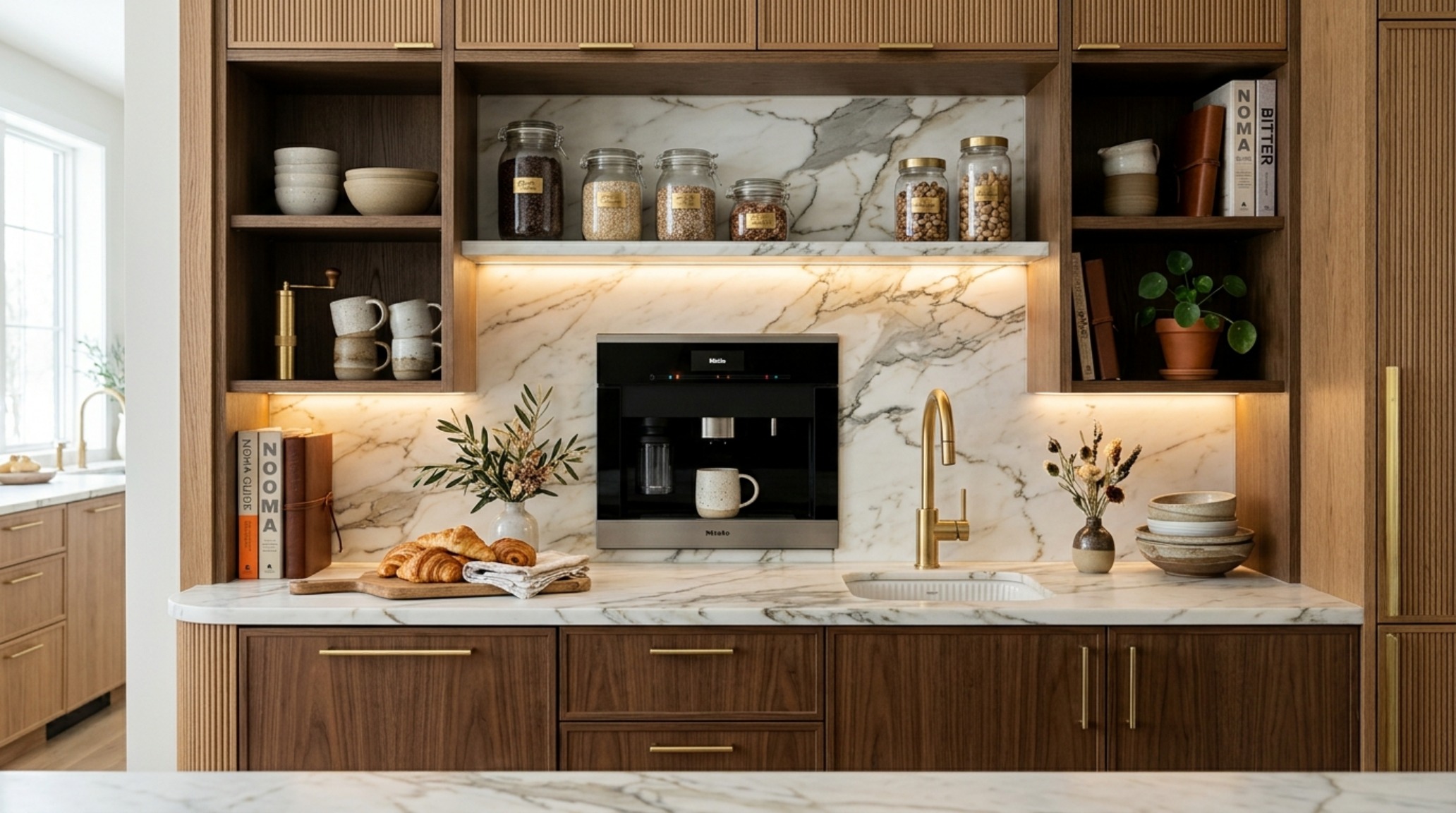 Modern small pantry organization ideas ideas showing a integrated coffee station with quad outlets and marble backsplash.