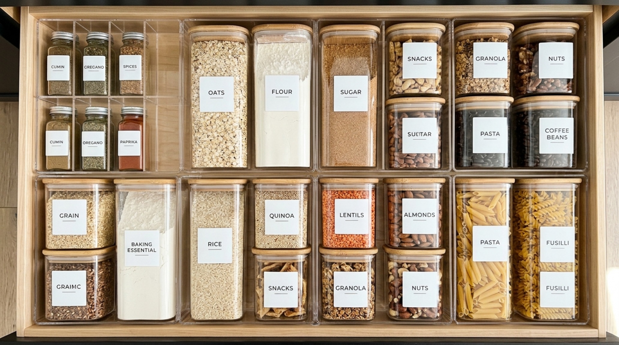 Overhead shot of perfectly organized deep drawers using transparent acrylic bins and custom-etched labels for dry goods.