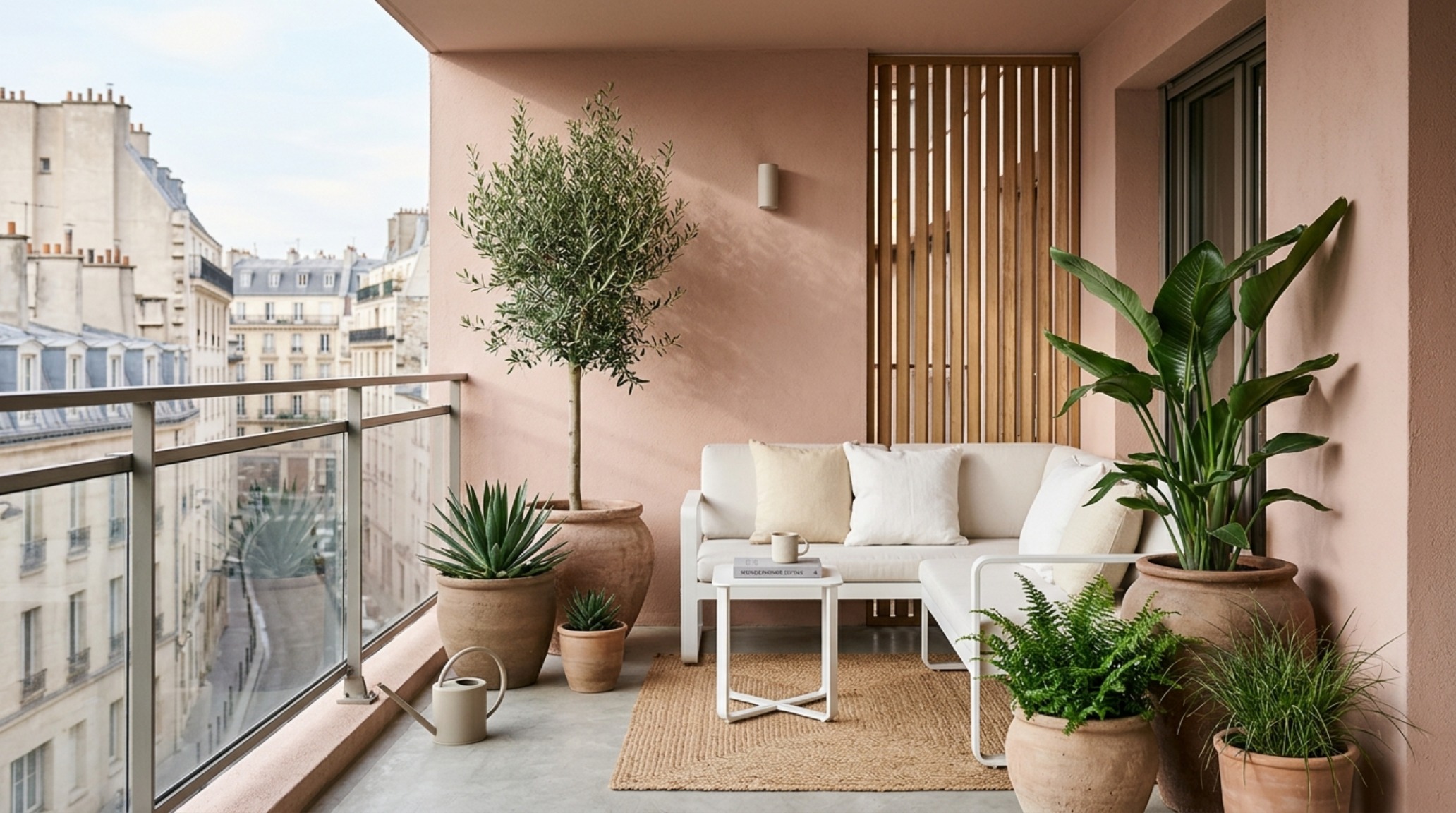 Modern small apartment balcony ideas featuring a monochromatic design with Benjamin Moore Swiss Coffee walls and dark charcoal metal accents. Modern small apartment balcony ideas featuring a monochromatic design with Benjamin Moore Swiss Coffee walls and dark charcoal metal accents.