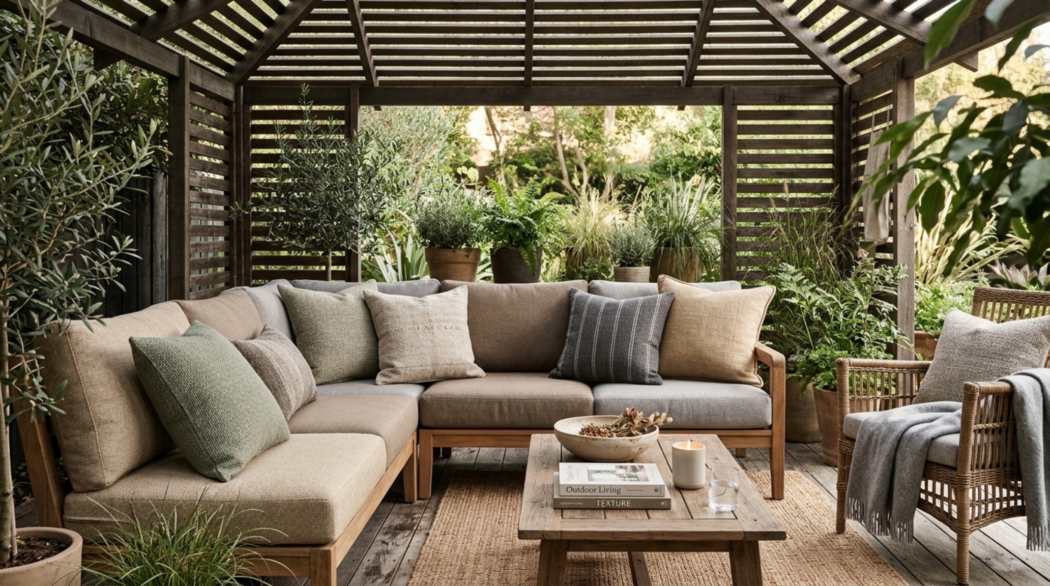 Luxury outdoor textiles and oversized pillows in oatmeal and sage green tones arranged on a teak daybed inside a viral Costco gazebo. Luxury outdoor textiles and oversized pillows in oatmeal and sage green tones arranged on a teak daybed inside a viral Costco gazebo.