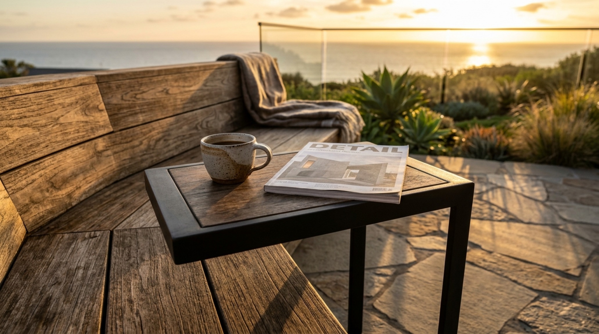 Modern outdoor lounge chair with a cantilevered side table positioned exactly 18 inches away for perfect ergonomic reach. Modern outdoor lounge chair with a cantilevered side table positioned exactly 18 inches away for perfect ergonomic reach.