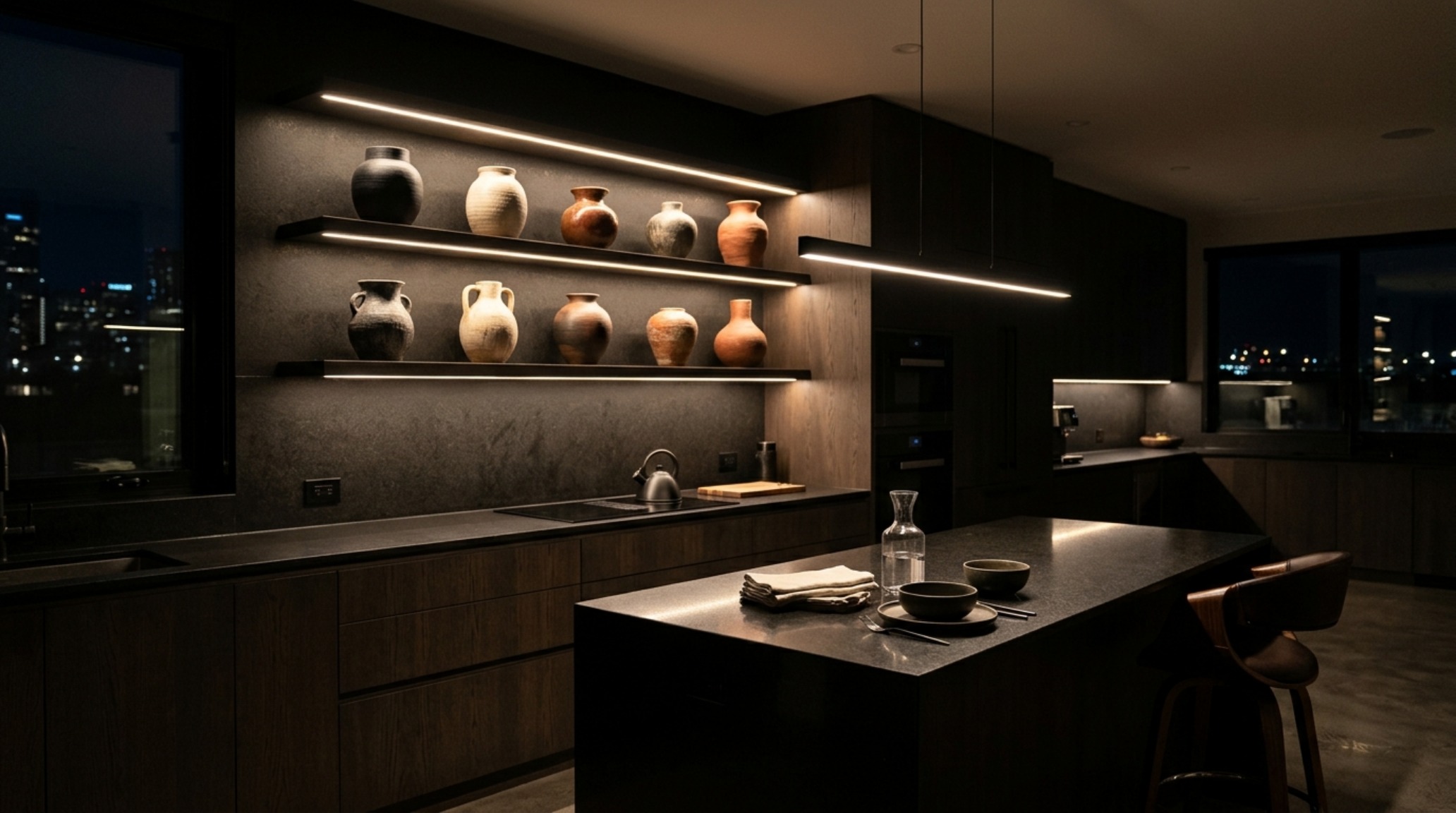 interior design advice lighting guide showing recessed LED strip lighting under floating shelves and a high-CRI linear pendant over a kitchen island interior design advice lighting guide showing recessed LED strip lighting under floating shelves and a high-CRI linear pendant over a kitchen island