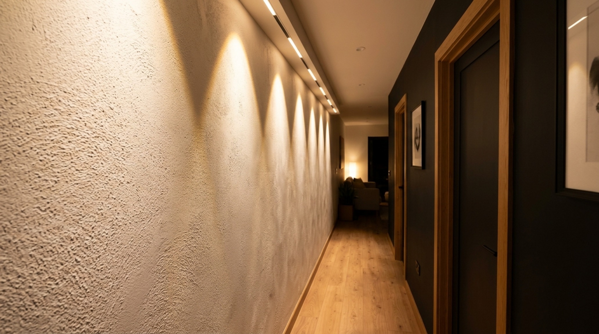 Small modular homes lighting guide for a narrow corridor using recessed wall-wash fixtures to highlight architectural art and texture. Small modular homes lighting guide for a narrow corridor using recessed wall-wash fixtures to highlight architectural art and texture.