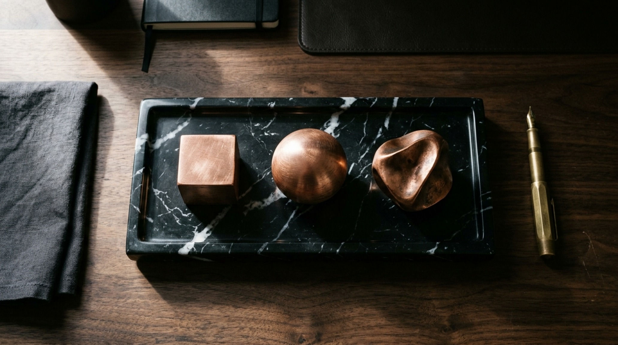 luxury christmas decorating ideas for the office textures illustrating the play of light on a Nero Marquina marble tray with brushed copper ornaments luxury christmas decorating ideas for the office textures illustrating the play of light on a Nero Marquina marble tray with brushed copper ornaments