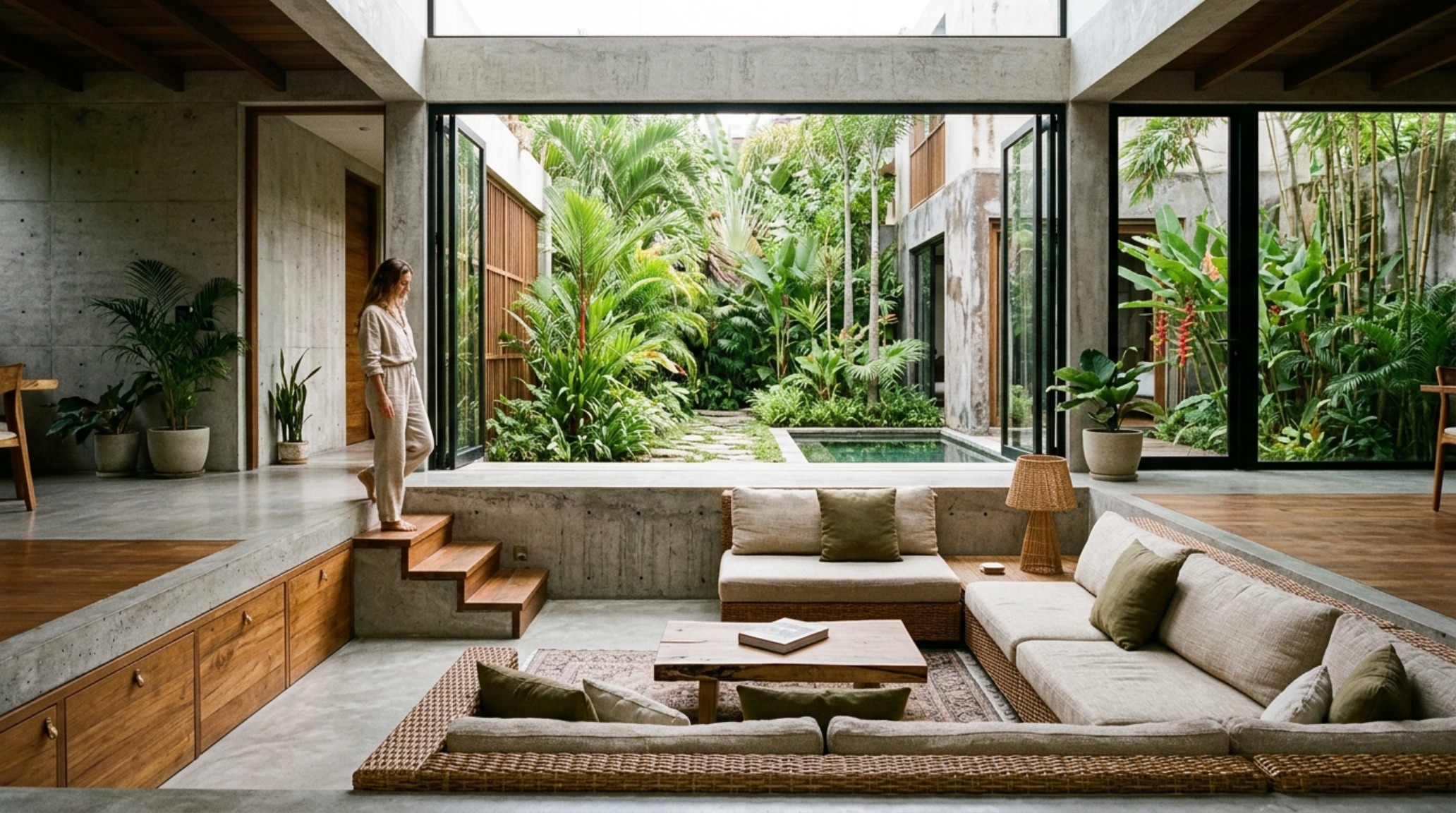 modern modern tropical architecture ideas displaying a sunken conversation pit with custom upholstery and integrated floor-level storage modern modern tropical architecture ideas displaying a sunken conversation pit with custom upholstery and integrated floor-level storage