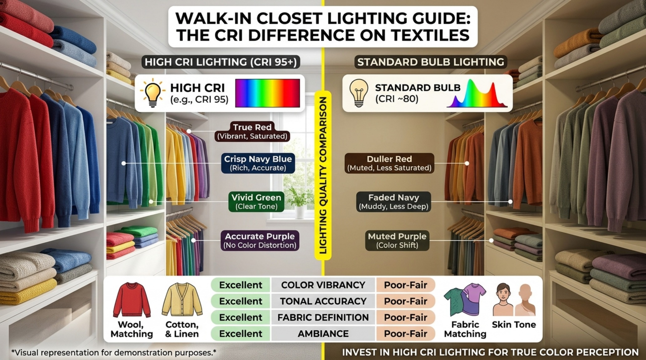 Walk in clothes closet lighting guide demonstrating shadow-free illumination within deep cabinetry using vertical light strips.