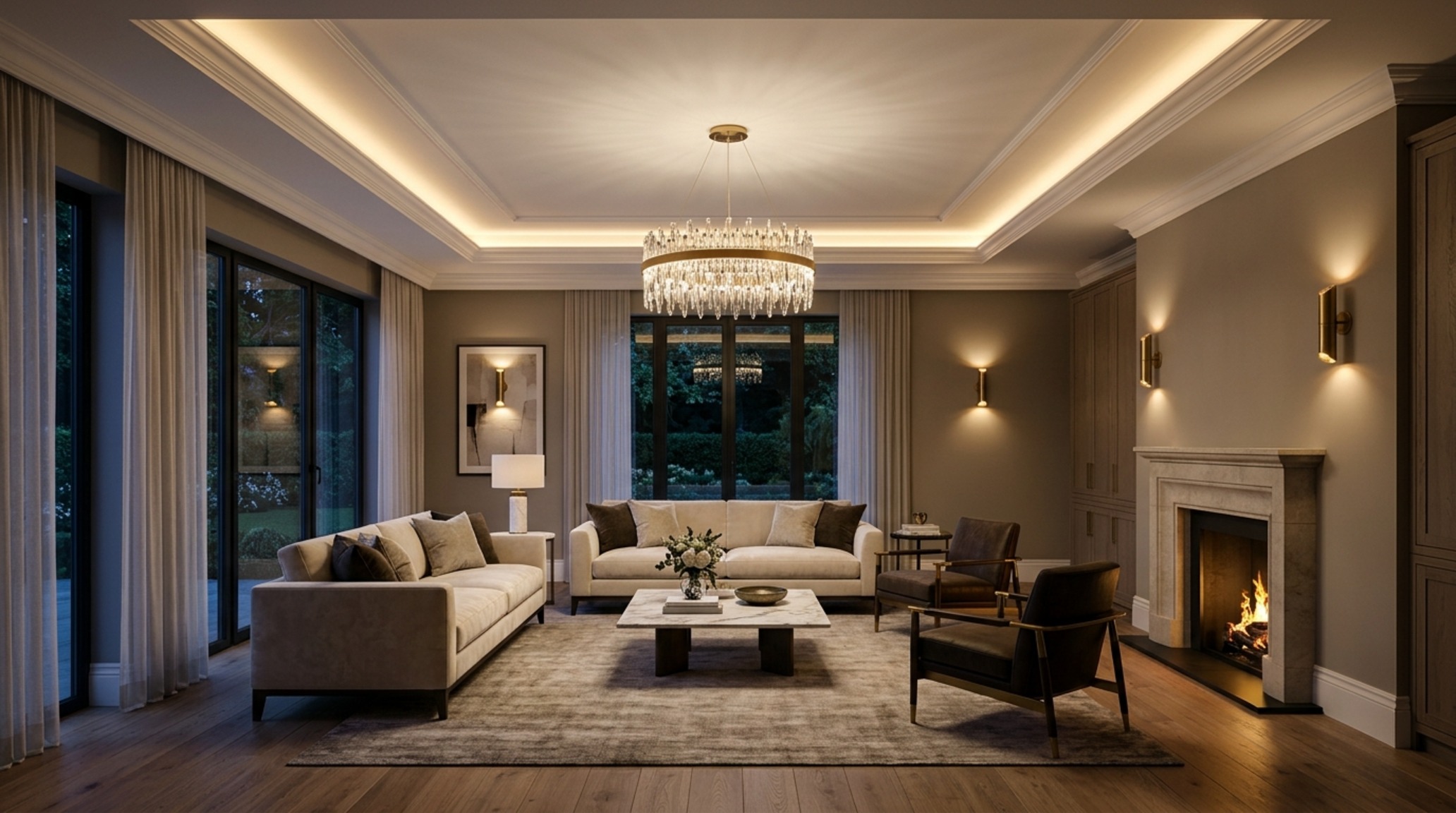 luxury living room furniture sets lighting guide showing recessed LED cove lighting highlighting a plastered ceiling detail