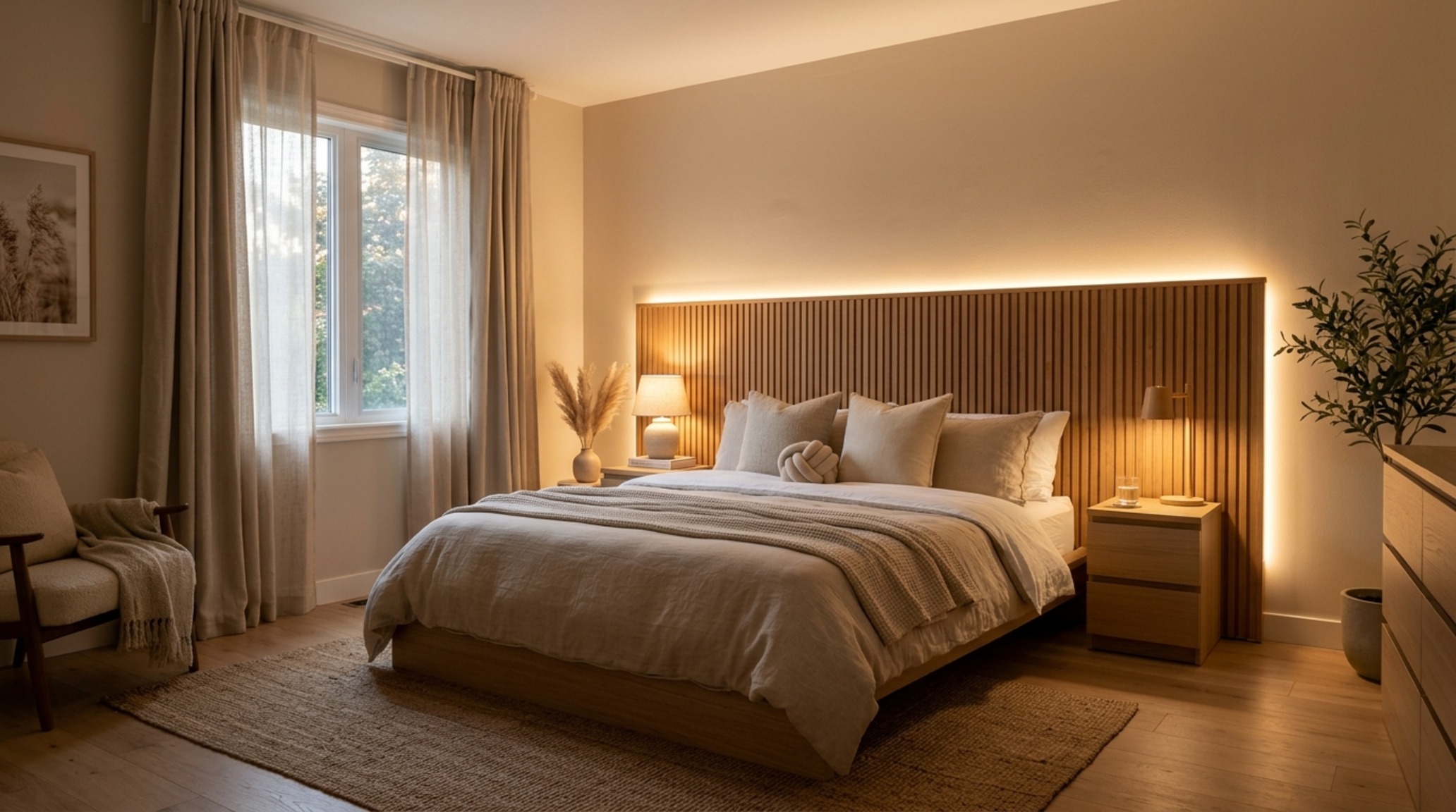 ikea room design lighting guide featuring a cozy bedroom with indirect warm cove lighting behind a custom upholstered headboard.