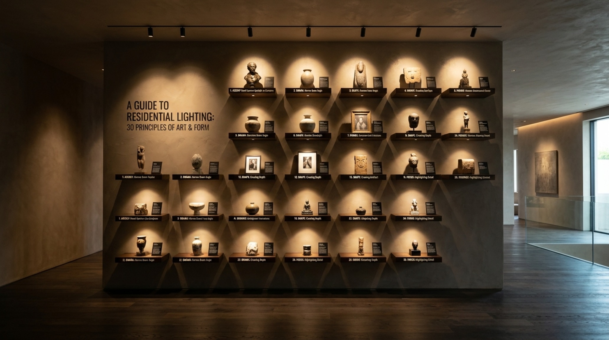 30 shelves lighting guide highlighting the use of dimmable accent spotlights on a collection of ceramic vases and architectural art pieces.