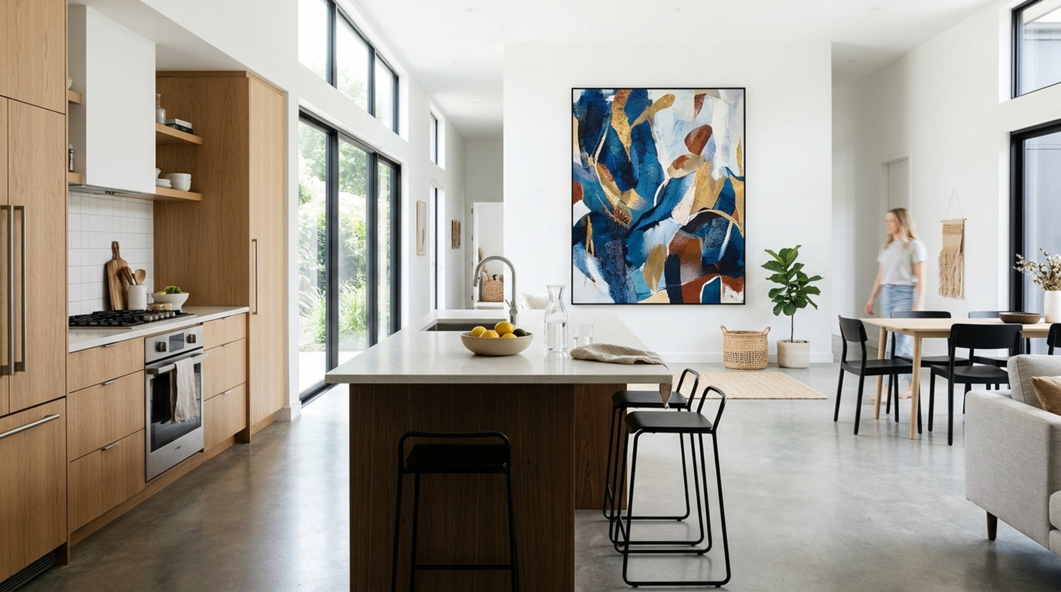 modern modern kitchen wall decor ideas incorporating large-scale abstract art framed in thin black metal within a 36-inch walkway path. modern modern kitchen wall decor ideas incorporating large-scale abstract art framed in thin black metal within a 36-inch walkway path.