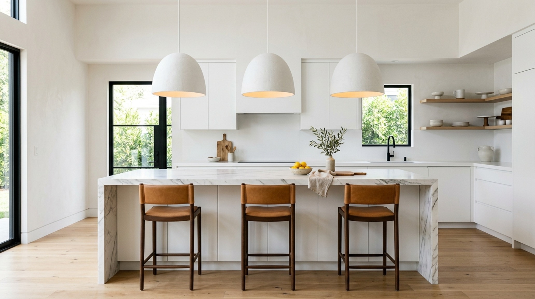 kitchen cabinet floor plans lighting guide with oversized plaster pendants hanging 32 inches above a waterfall edge island in a minimalist setting.