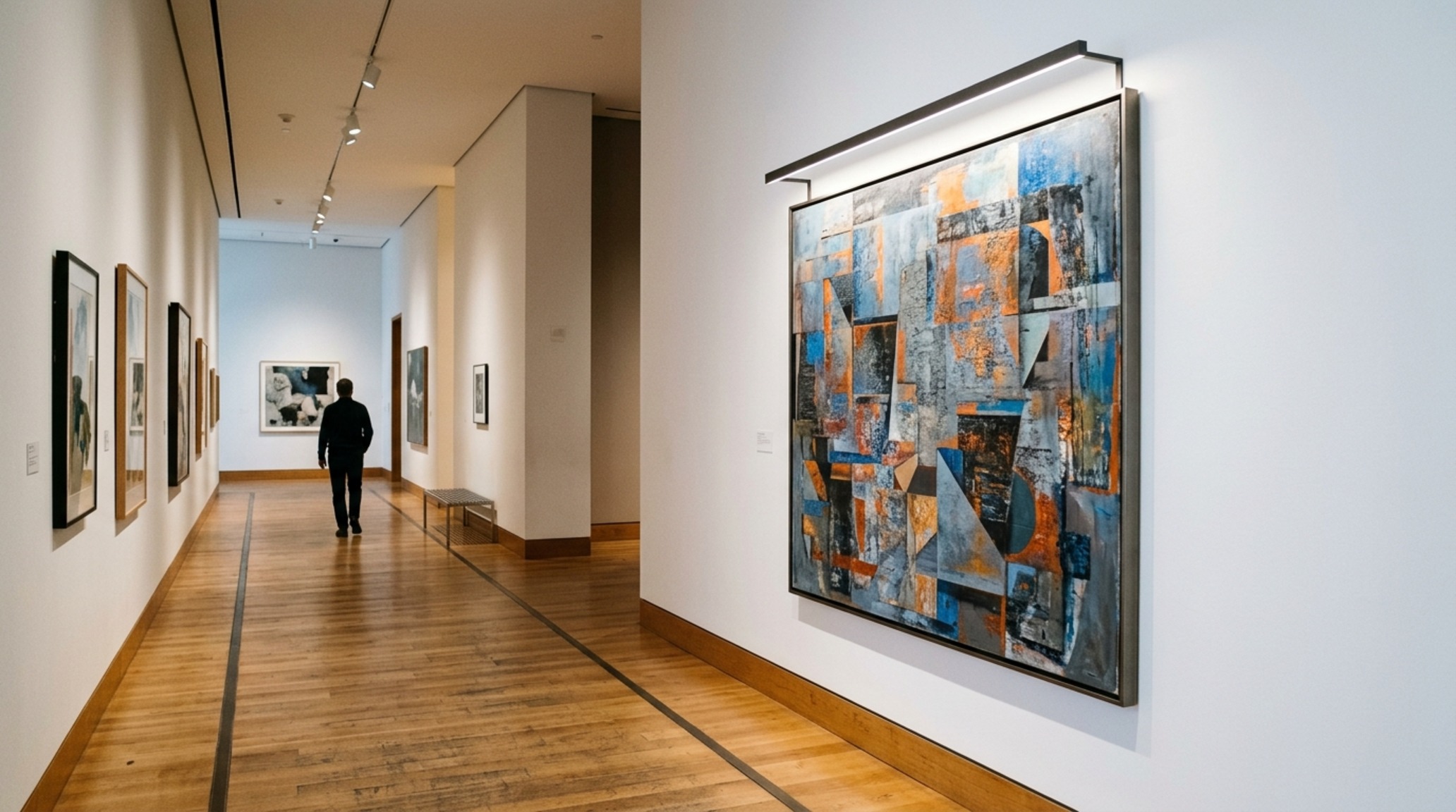 interior design advice lighting guide featuring a high CRI 90+ art light illuminating a large canvas in a hallway with 36-inch architectural clearance