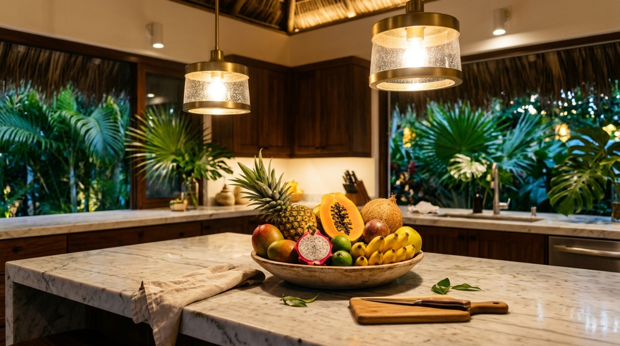 modern tropical architecture lighting guide showing 3000K task lighting over a kitchen island with high CRI 92+ ratings modern tropical architecture lighting guide showing 3000K task lighting over a kitchen island with high CRI 92+ ratings
