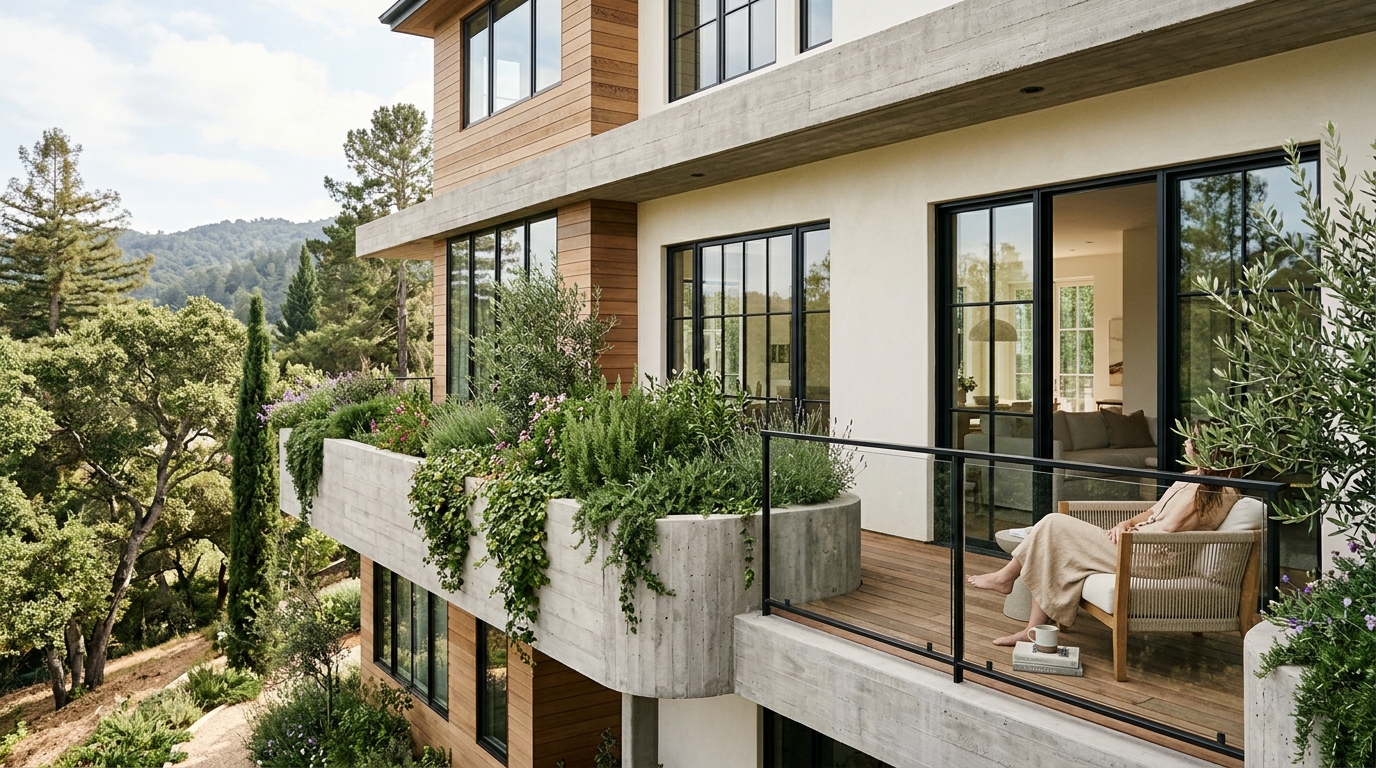 Sun-drenched patio featuring Benjamin Moore Swiss Coffee walls and integrated planter boxes for a cohesive architectural aesthetic.