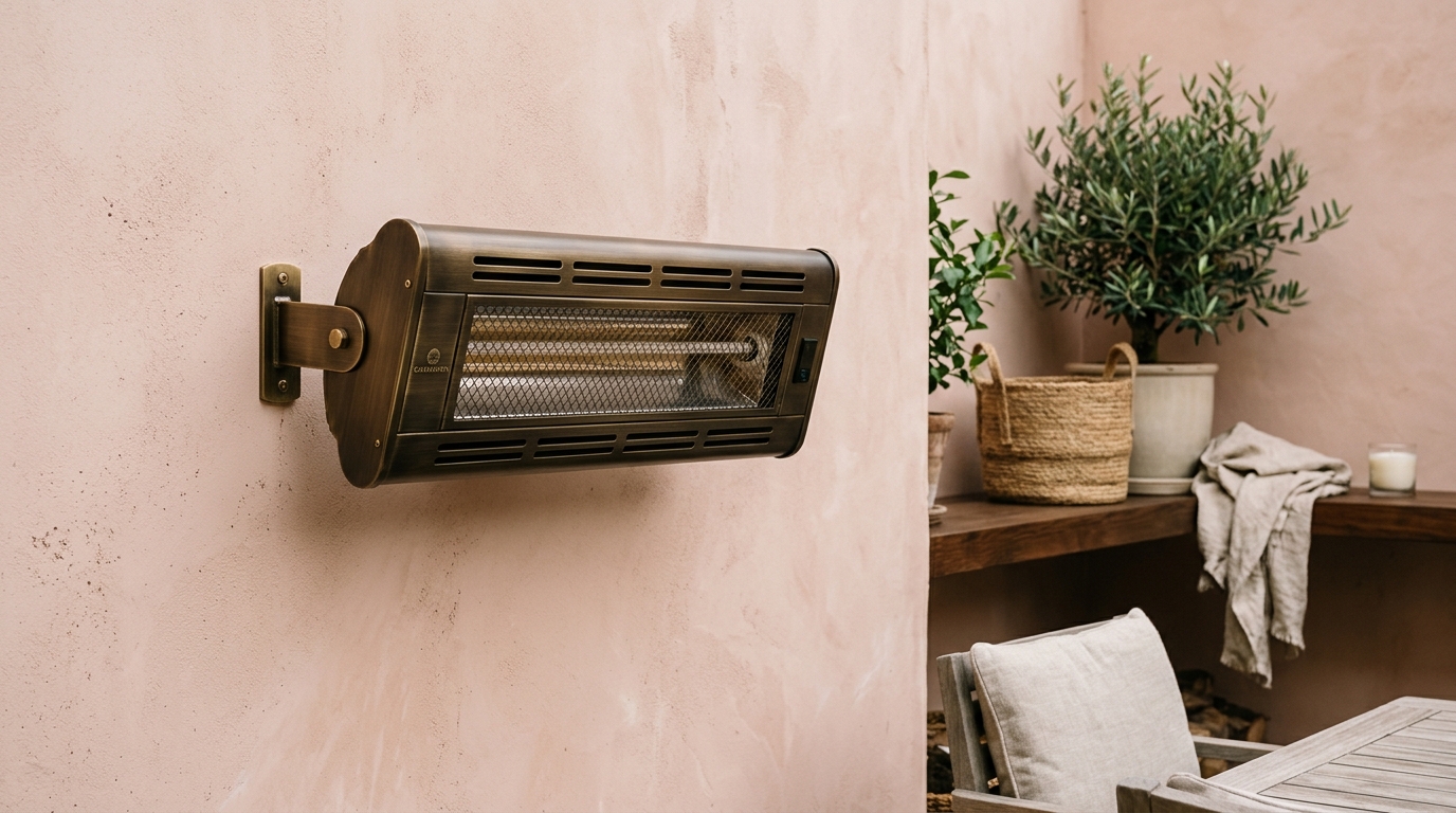 Detail of a carbon fiber patio heater filament casting a warm glow on a Farrow and Ball Setting Plaster accent wall.