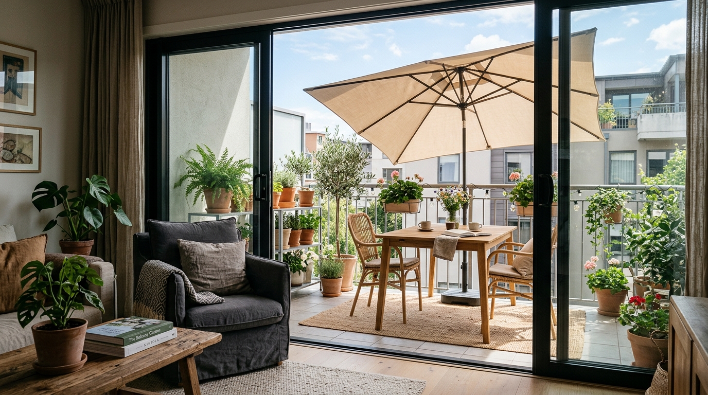 Luxury small apartment balcony ideas showing a private reading nook shaded by a tilted umbrella to block neighboring sightlines.