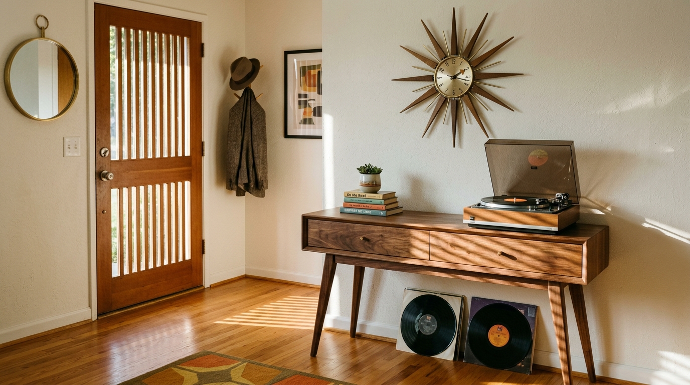 Mid-century modern narrow entryway featuring a walnut console and a vintage runner rug with high ceilings.