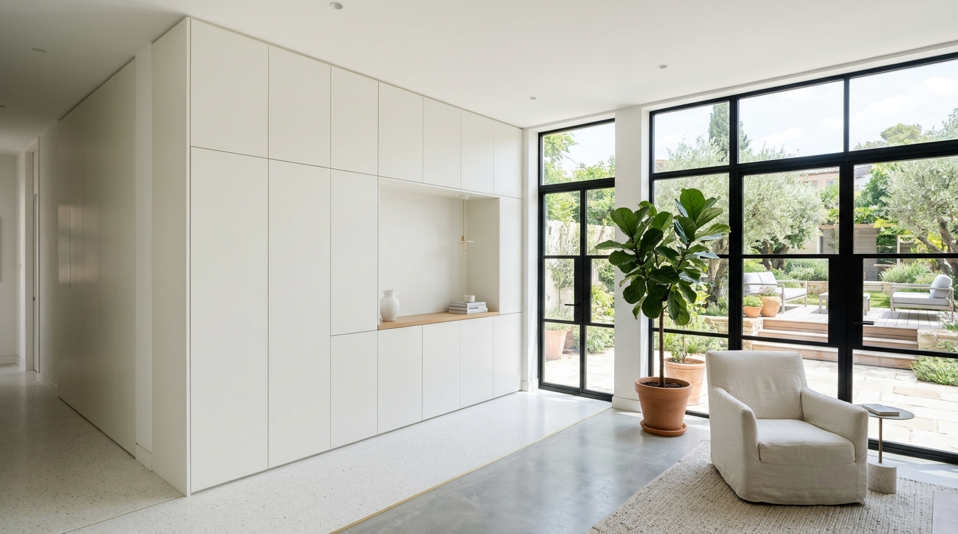 Bespoke cabinetry in Benjamin Moore Swiss Coffee wrapping around a glazed patio, integrating storage and aesthetics in small apartment balcony ideas.