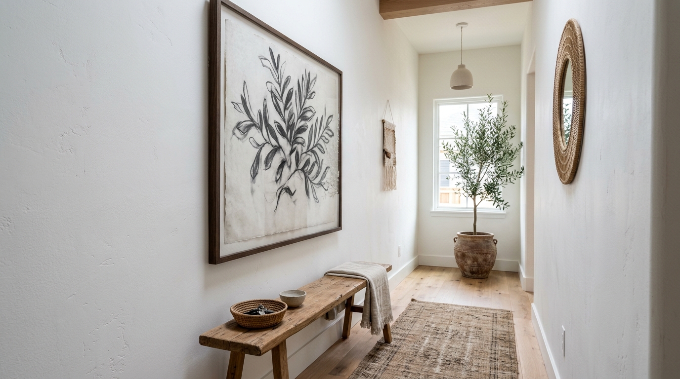 Modern boho entryway with a low-profile bench made of reclaimed elm and a single large-scale piece of abstract art. Modern boho entryway with a low-profile bench made of reclaimed elm and a single large-scale piece of abstract art.