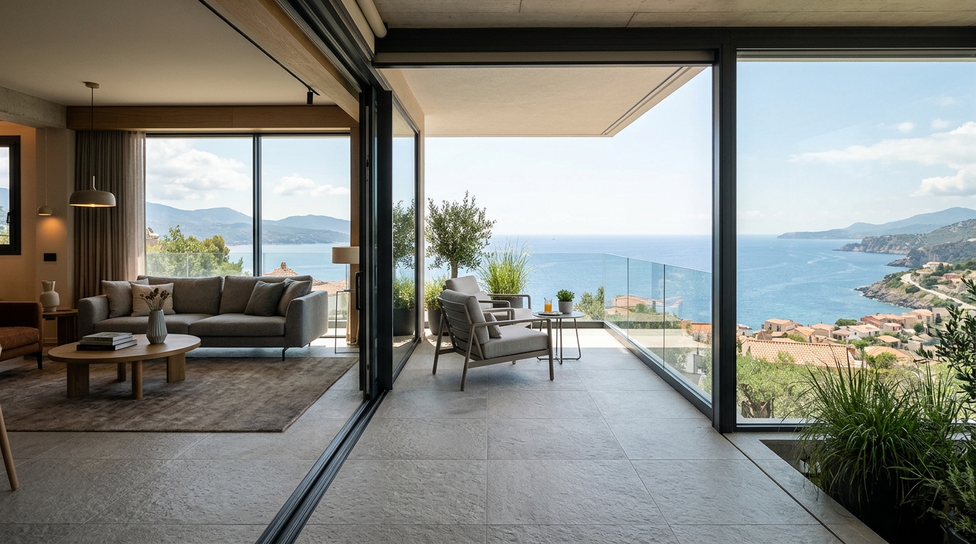 Seamless transition from a living room to a balcony with continuous large-format porcelain tiles and floor-to-ceiling glass doors.
