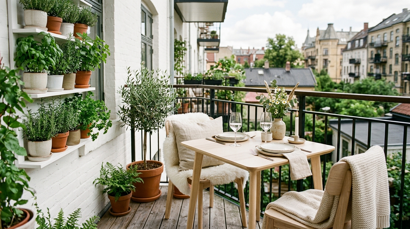 Scandinavian-style balcony eating nook with light wood textures, white linen textiles, and a vertical herb garden wall.