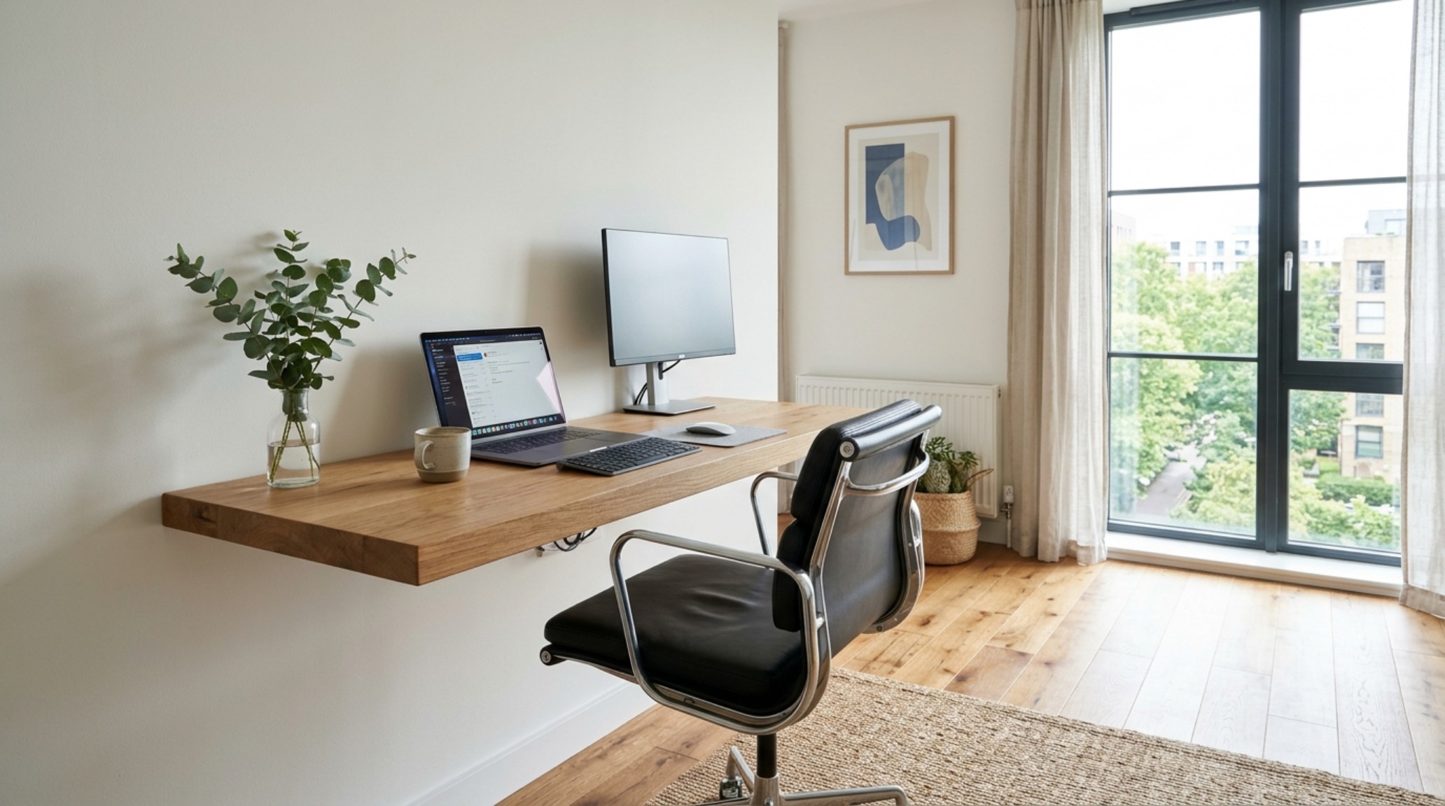 A multi-functional living room setup where a deep floating shelf acts as a standing desk, showing living room floating shelves ideas ergonomics and 18-inch reach zones.