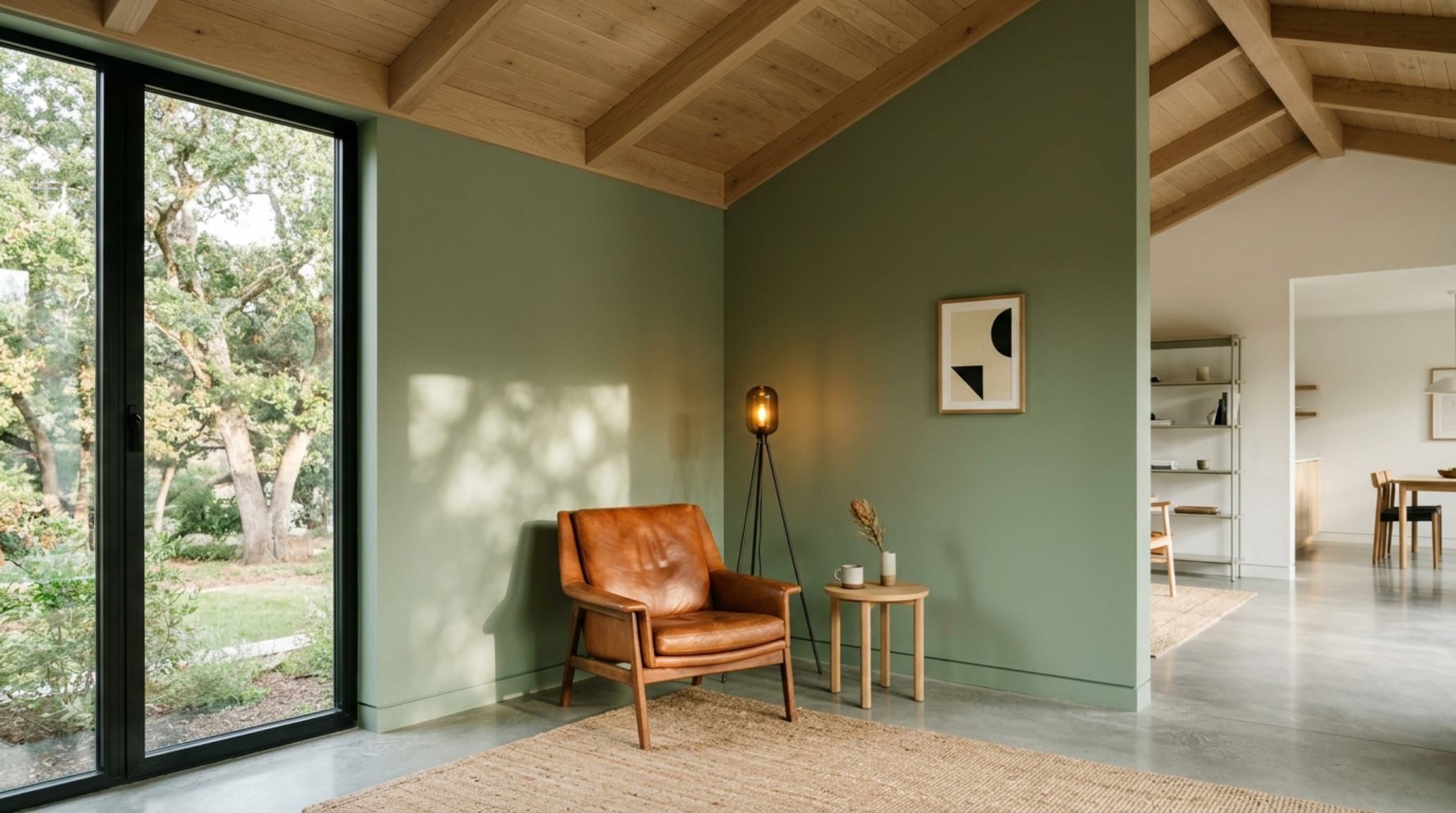 Perspective shot of a mid-century modern lounge chair in cognac leather against a sage green backdrop, illustrating the balance of warm and cool tones. Perspective shot of a mid-century modern lounge chair in cognac leather against a sage green backdrop, illustrating the balance of warm and cool tones.
