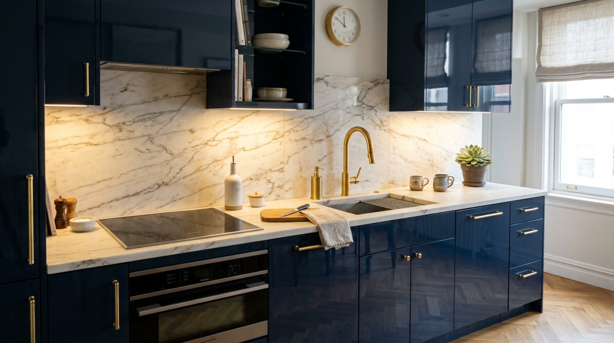 Kitchenette detail featuring brass hardware and custom cabinetry designed for maximum ergonomic efficiency in a studio footprint.