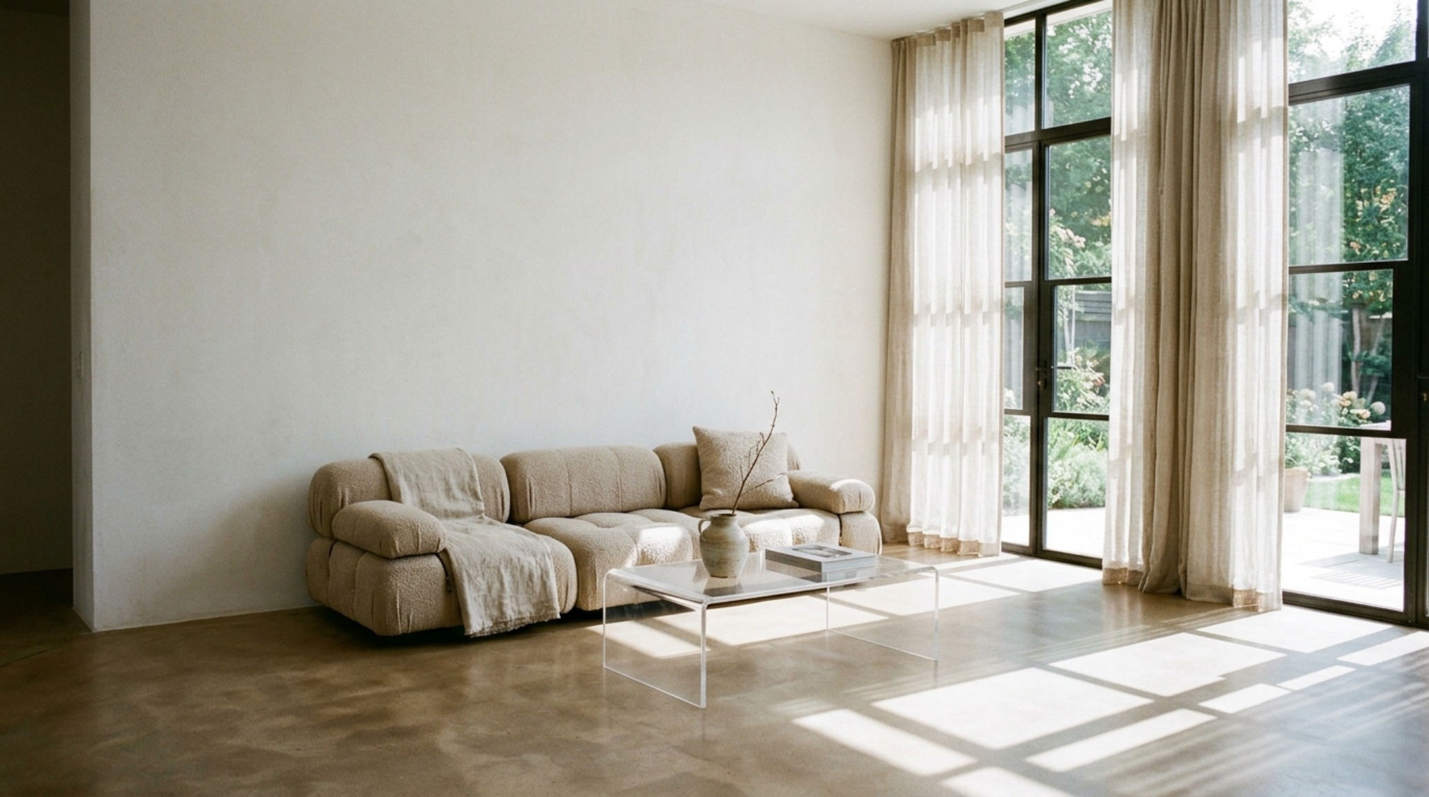 Section of a living room highlighting 'negative space breathing room' with a low-profile linen sofa and a minimalist steel coffee table at 18-inch reach. Section of a living room highlighting 'negative space breathing room' with a low-profile linen sofa and a minimalist steel coffee table at 18-inch reach.