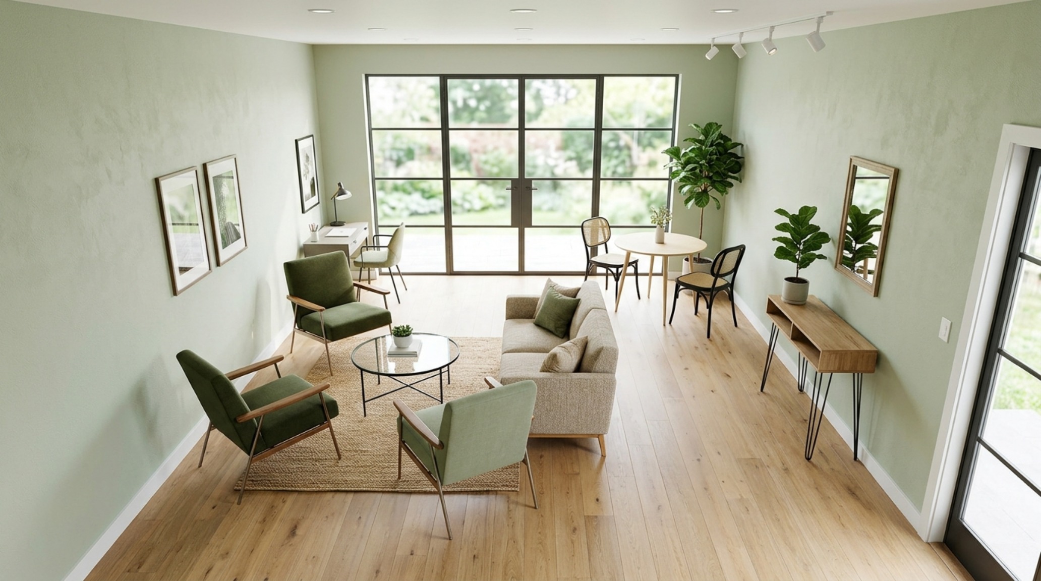 Vertical shelving unit in a narrow green hallway, emphasizing the use of high-reach storage and sightline hygiene to reduce visual clutter.