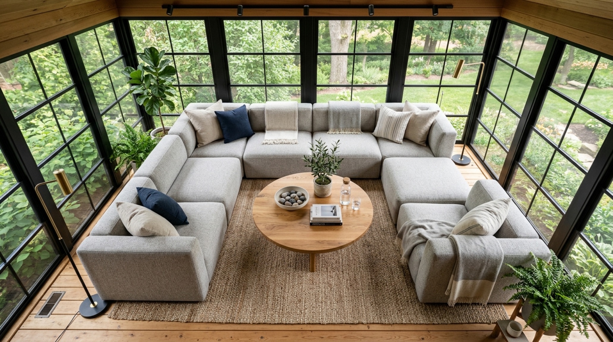 Top-down architectural layout of a multi-functional porch zone featuring a daybed with hidden storage and a low-profile coffee table at an 18-inch reach.