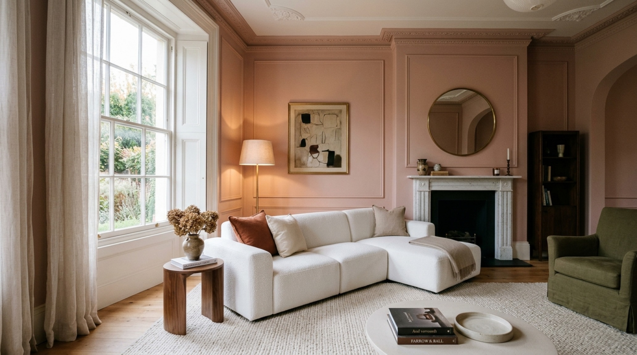 A luxury living room with Farrow & Ball Setting Plaster walls and a crisp white 7th Avenue modular sofa, showcasing a perfect warm-minimalist color palette.