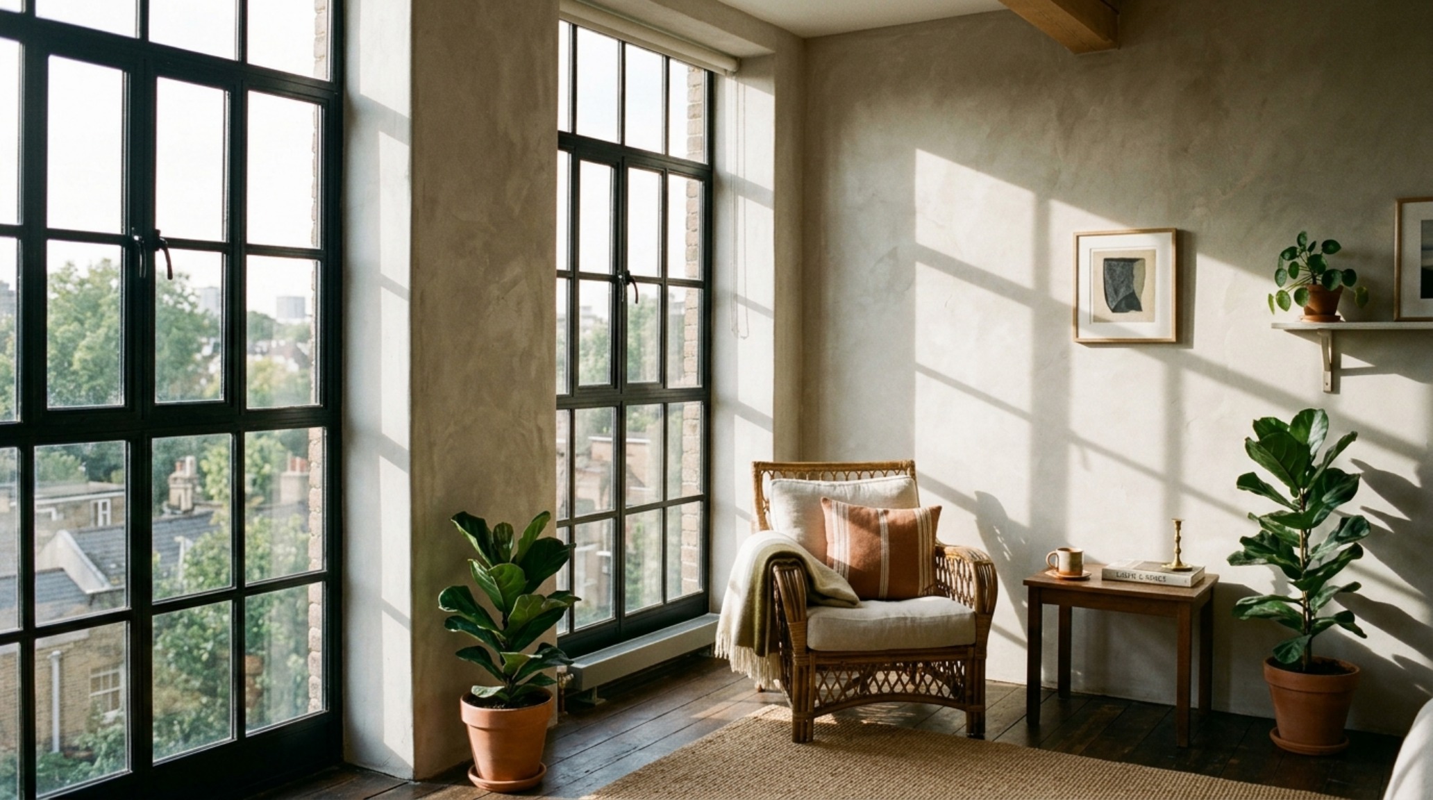 A vertical shot of the high-ceiling windows with soft diffused sunlight hitting limewash walls in a Manhattan studio apartment.