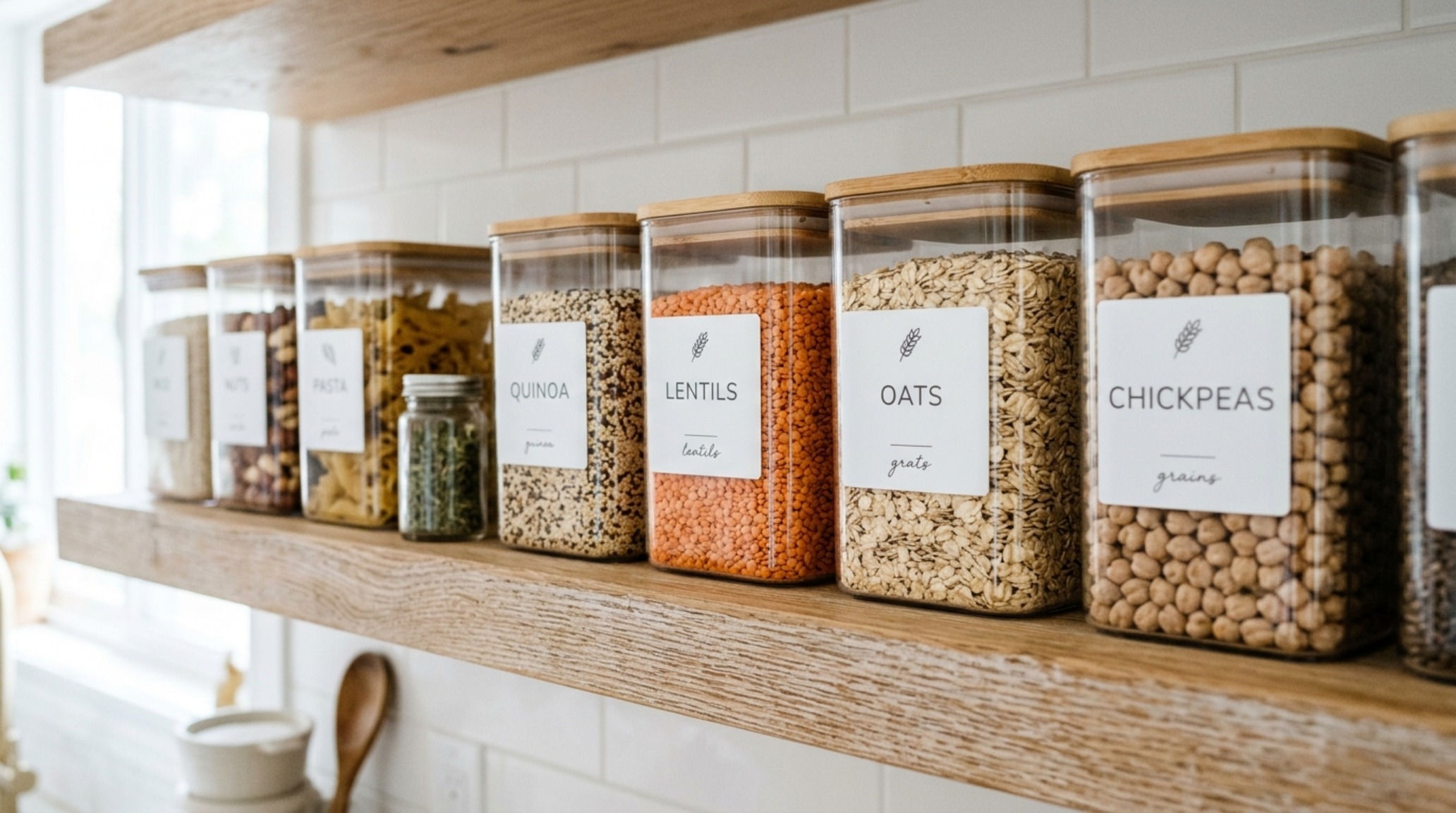 Detailed pantry shelving with clear acrylic bins and handwritten labels, showcasing effective modern small pantry organization ideas for busy households.