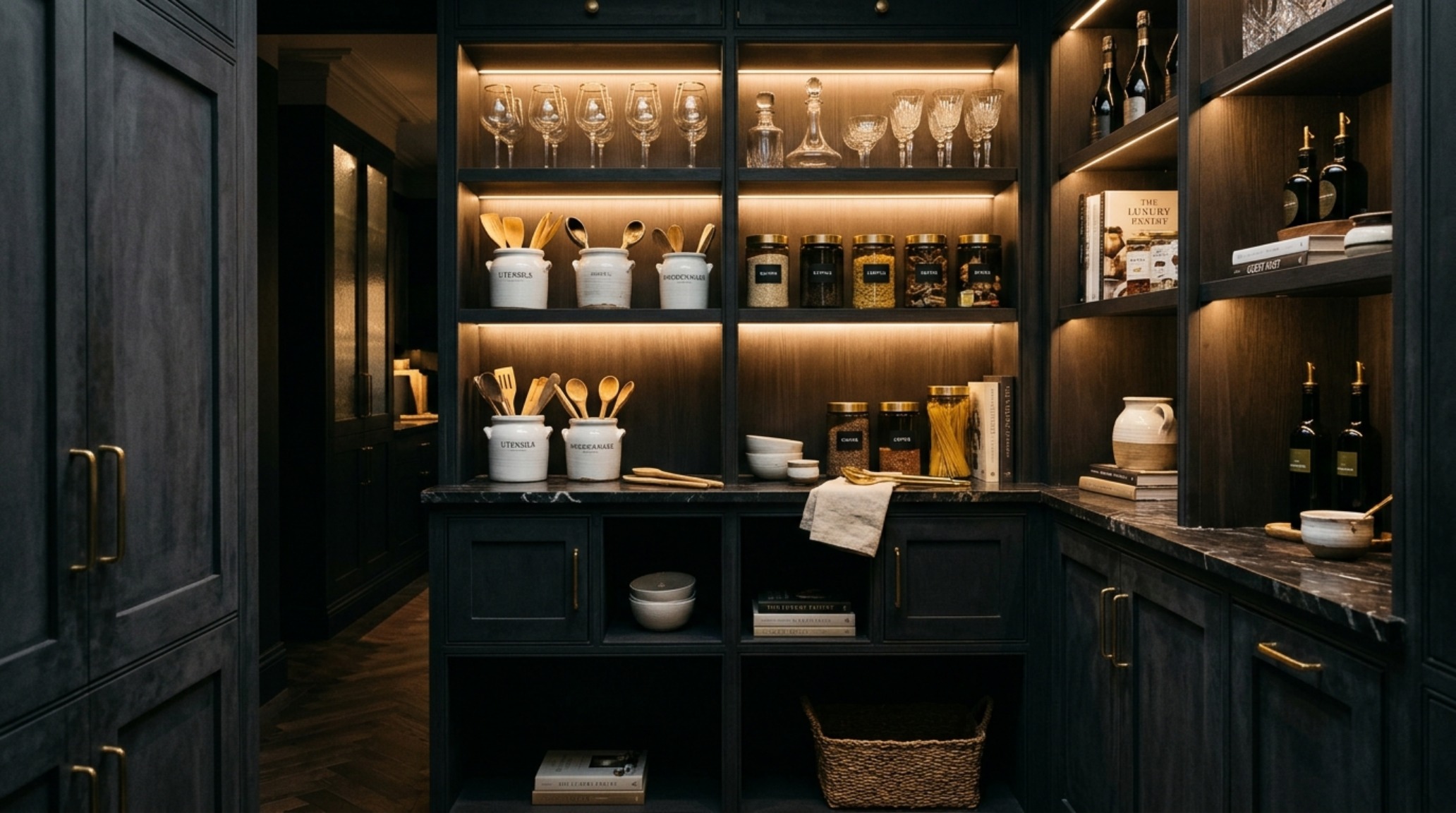High-contrast pantry design with Benjamin Moore Iron Ore cabinetry and white marble counters, featuring high CRI task lighting.