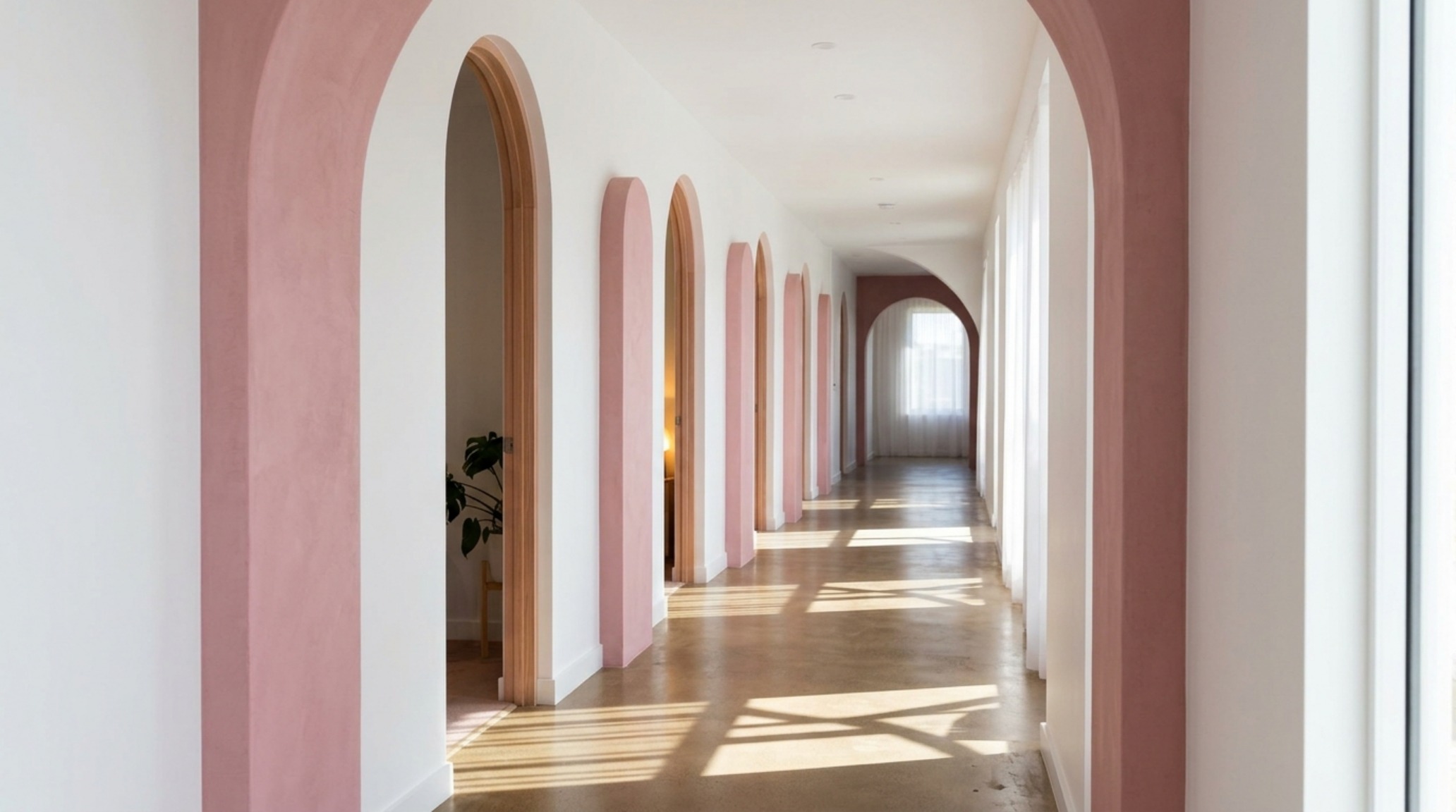 Sunlit hallway with a primary circulation path of 36 inches and a series of soft-pink arched niches for art display.