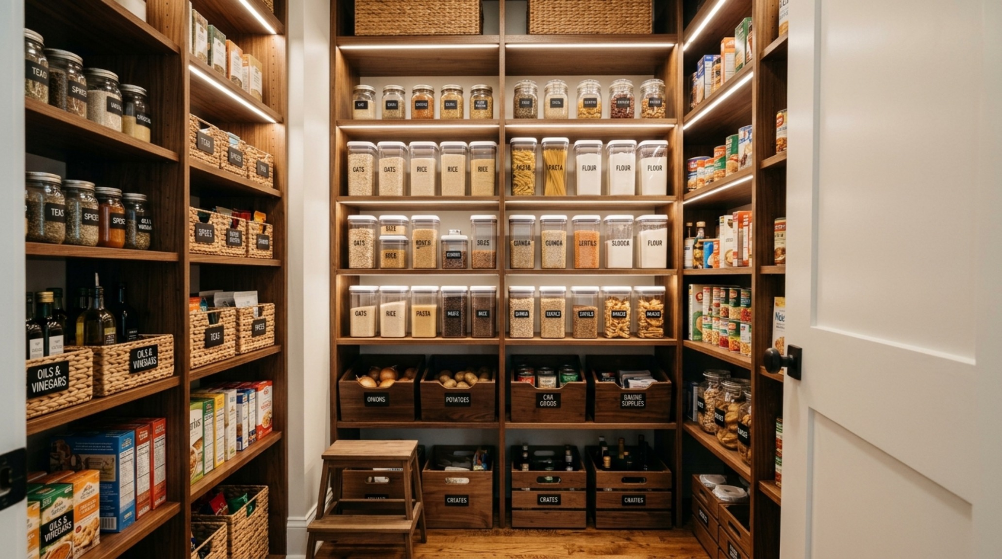 Small space small pantry organization ideas utilizing vertical height with custom walnut cabinetry and motion-sensor lighting.