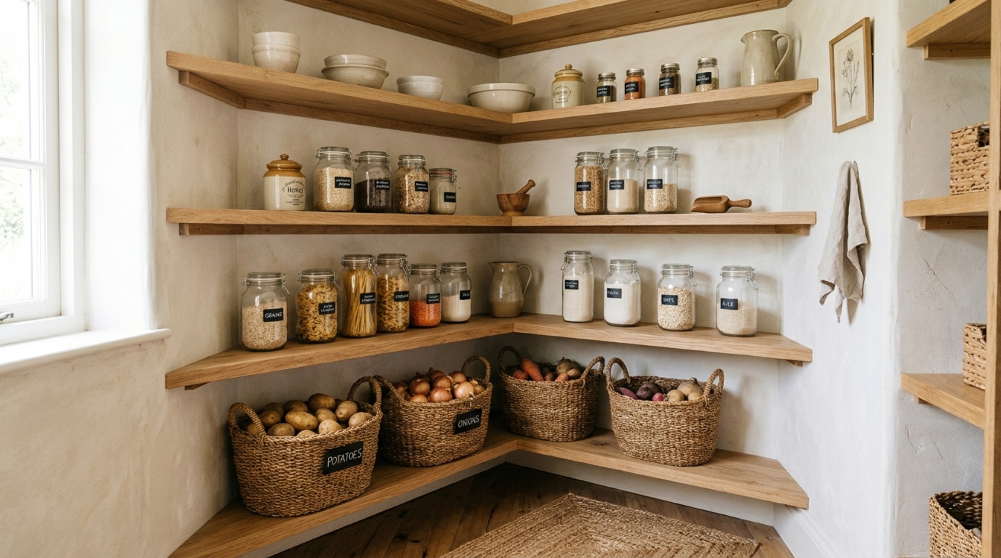 Natural light flooding a walk-in pantry with lime-washed walls and woven seagrass baskets on lower shelves for potato and onion storage.