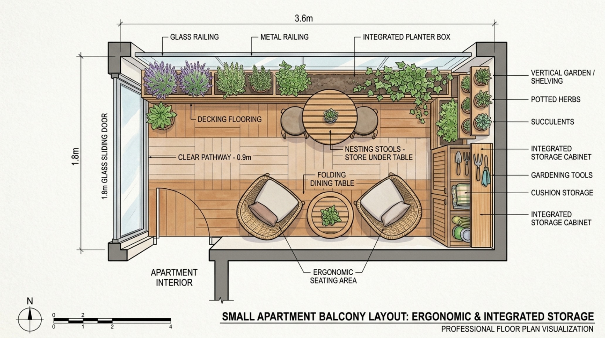 High-angle shot of a functional small balcony with a retractable awning and modular seating units that fit perfectly against the perimeter. High-angle shot of a functional small balcony with a retractable awning and modular seating units that fit perfectly against the perimeter.