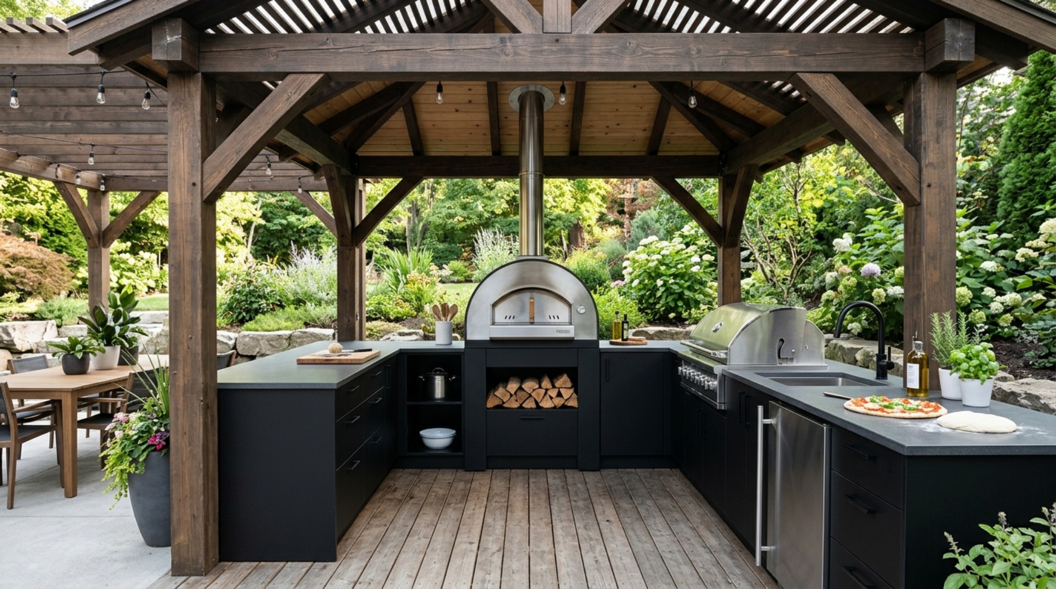 A modern outdoor kitchen setup within a cedar gazebo featuring a stainless steel grill and 36-inch high prep counters with professional task lighting. A modern outdoor kitchen setup within a cedar gazebo featuring a stainless steel grill and 36-inch high prep counters with professional task lighting.