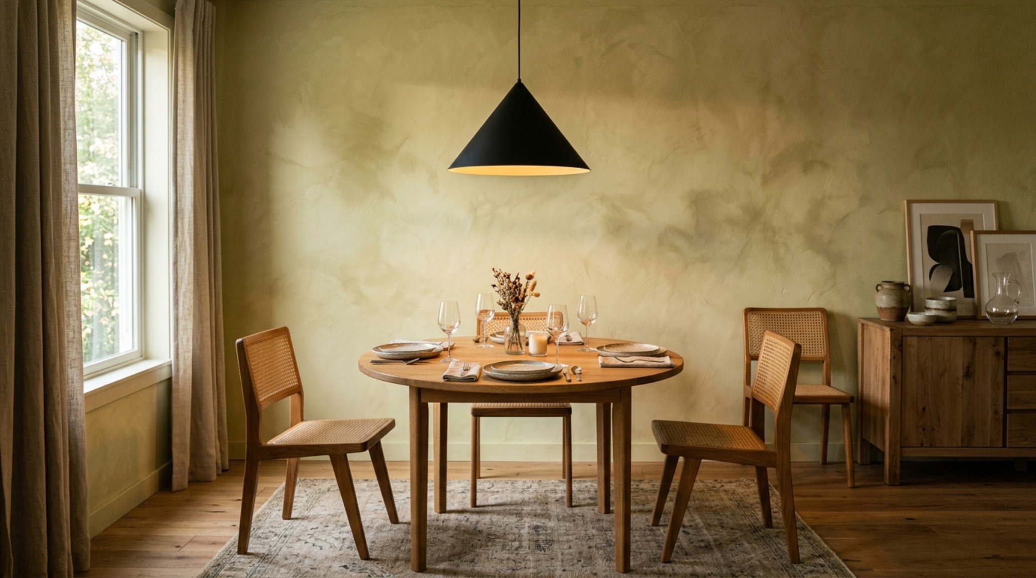modern design on a budget lighting guide for a dining area with a low-slung pendant over a round wood table and high CRI bulbs. modern design on a budget lighting guide for a dining area with a low-slung pendant over a round wood table and high CRI bulbs.
