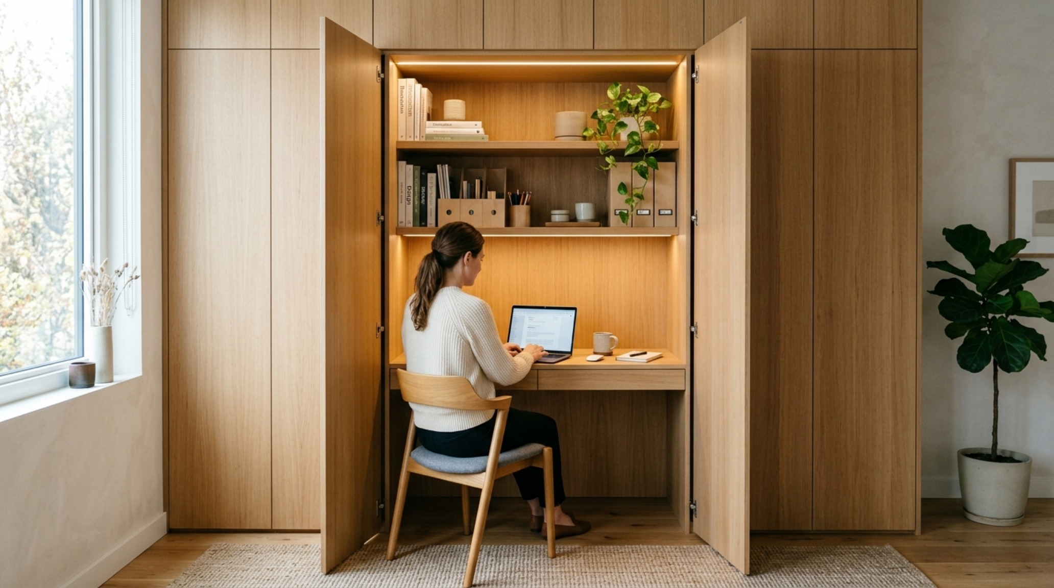 modern unique cabinets ideas for a concealed home office station with a 30-inch desk height and custom organization modules. modern unique cabinets ideas for a concealed home office station with a 30-inch desk height and custom organization modules.