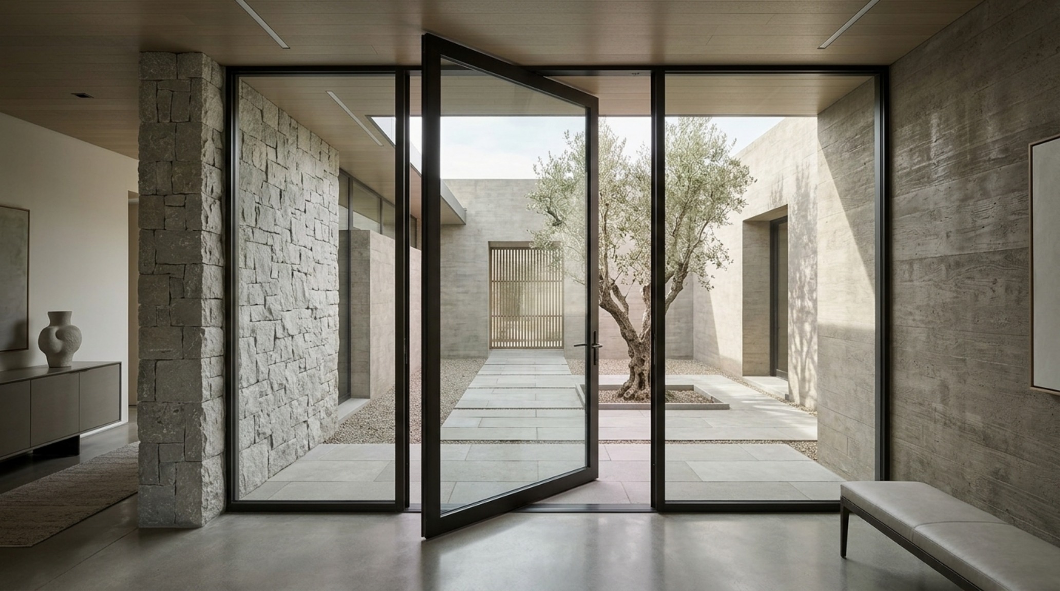 modern ideas for front doors ideas with a contemporary glass pivot door offering a view into a minimalist courtyard with a single olive tree modern ideas for front doors ideas with a contemporary glass pivot door offering a view into a minimalist courtyard with a single olive tree
