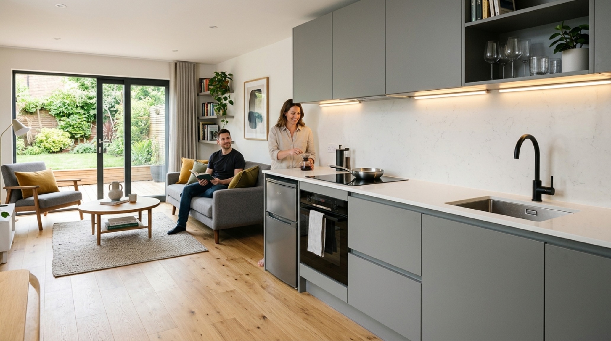 Modern small modular homes ideas for a high-efficiency kitchen with integrated appliances and a seamless quartz backsplash. Modern small modular homes ideas for a high-efficiency kitchen with integrated appliances and a seamless quartz backsplash.