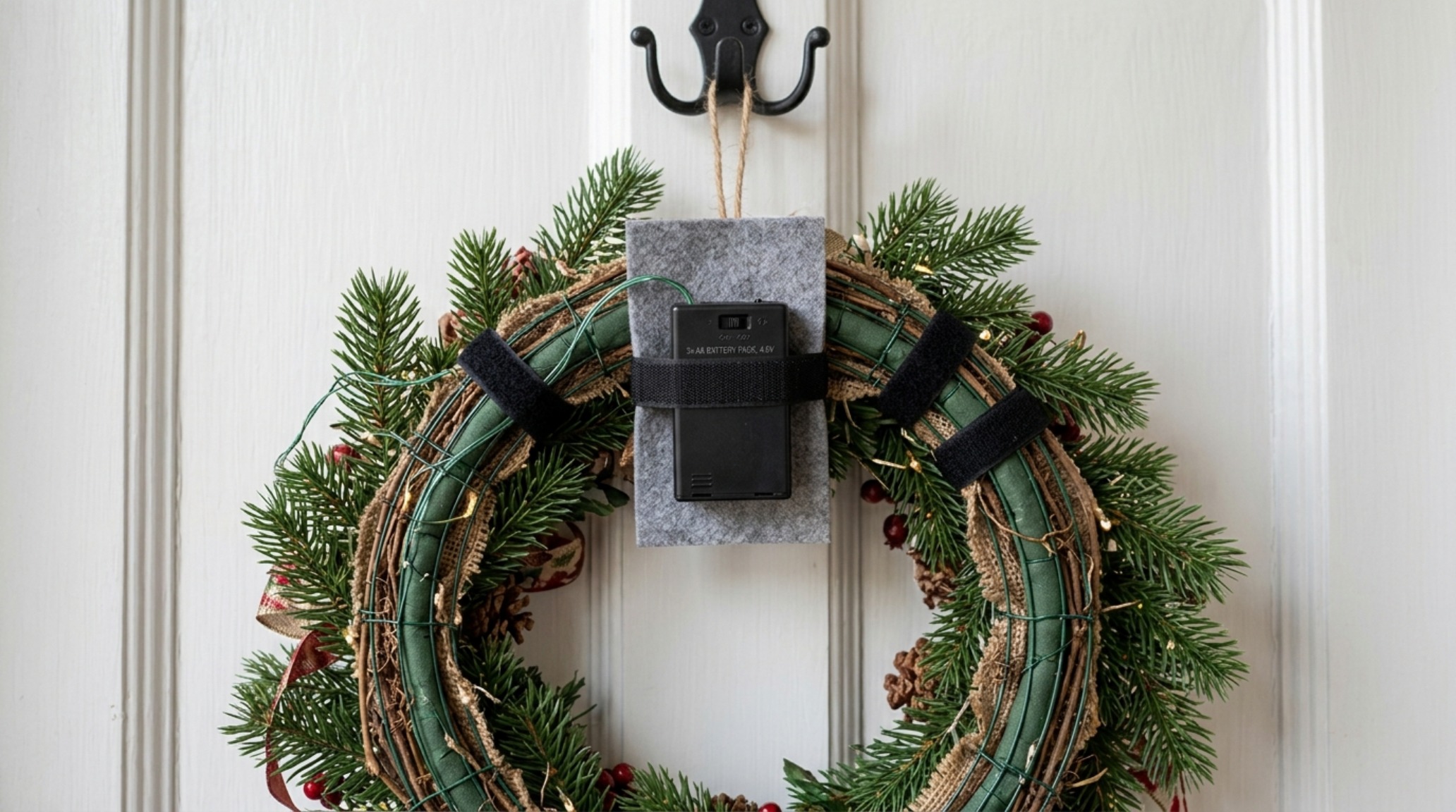 how to decorate christmas wreaths lighting guide focusing on battery pack concealment within dense foliage